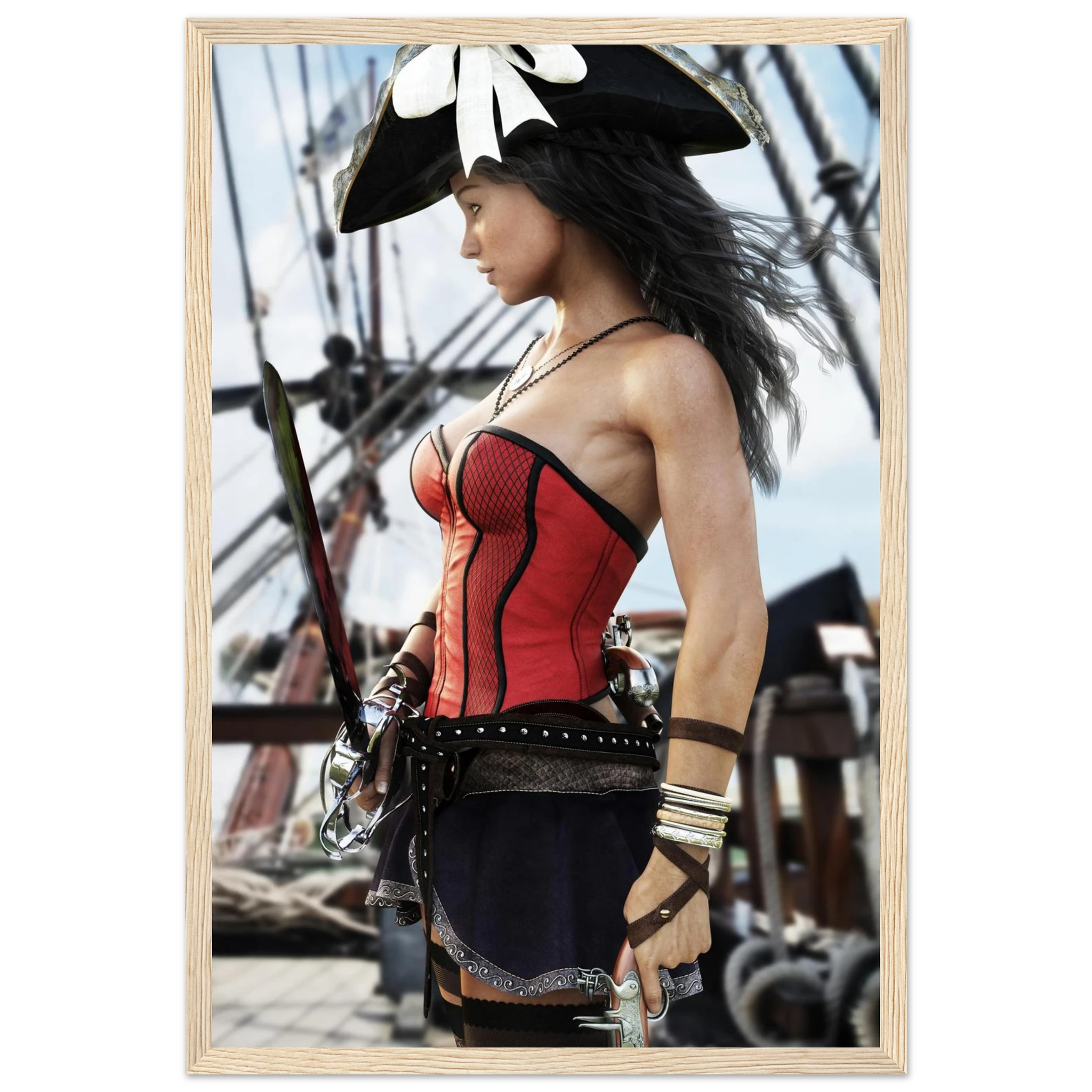 Handcrafted Female Pirate Captain wall art featuring a fearless pirate aboard a historic sailing ship holding a polished cutlass with twin flintlock pistols. Premium fantasy artwork for pirate collectors, gaming rooms, nautical décor, and fantasy enthusiasts.