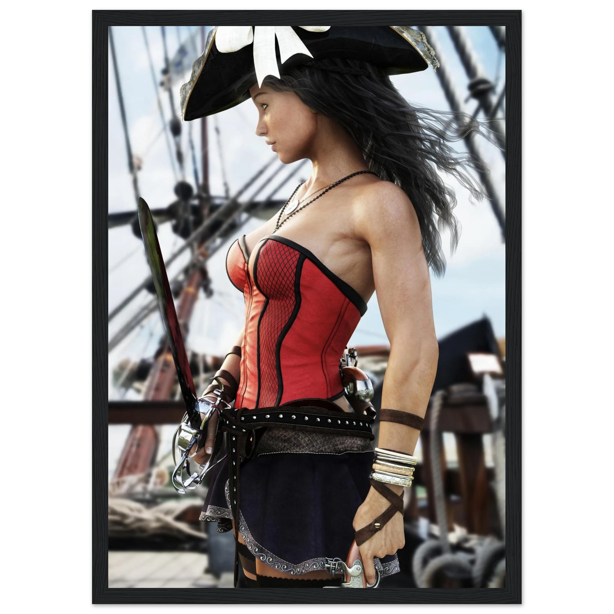 Handcrafted Female Pirate Captain wall art featuring a fearless pirate aboard a historic sailing ship holding a polished cutlass with twin flintlock pistols. Premium fantasy artwork for pirate collectors, gaming rooms, nautical décor, and fantasy enthusiasts.