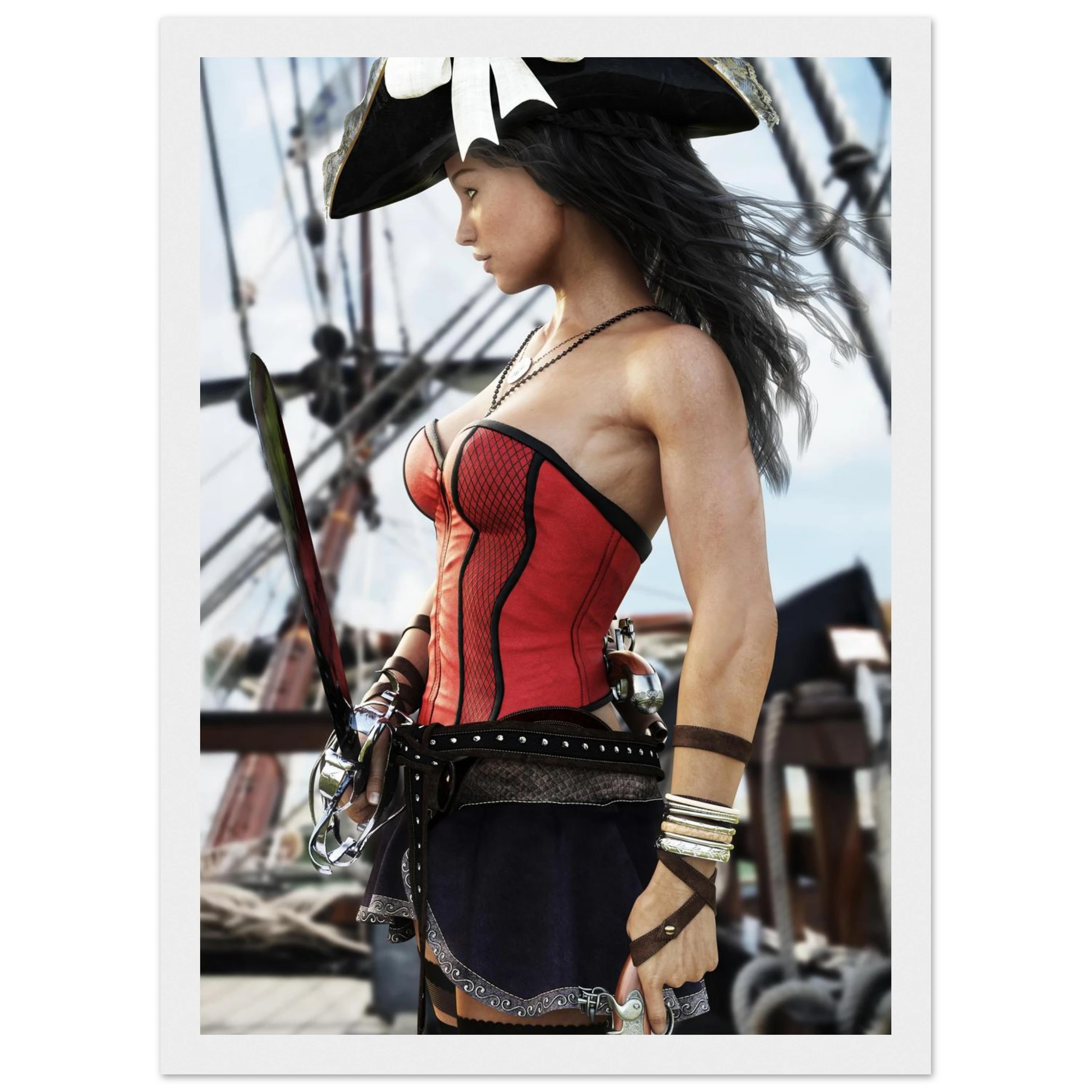 Handcrafted Female Pirate Captain wall art featuring a fearless pirate aboard a historic sailing ship holding a polished cutlass with twin flintlock pistols. Premium fantasy artwork for pirate collectors, gaming rooms, nautical décor, and fantasy enthusiasts.