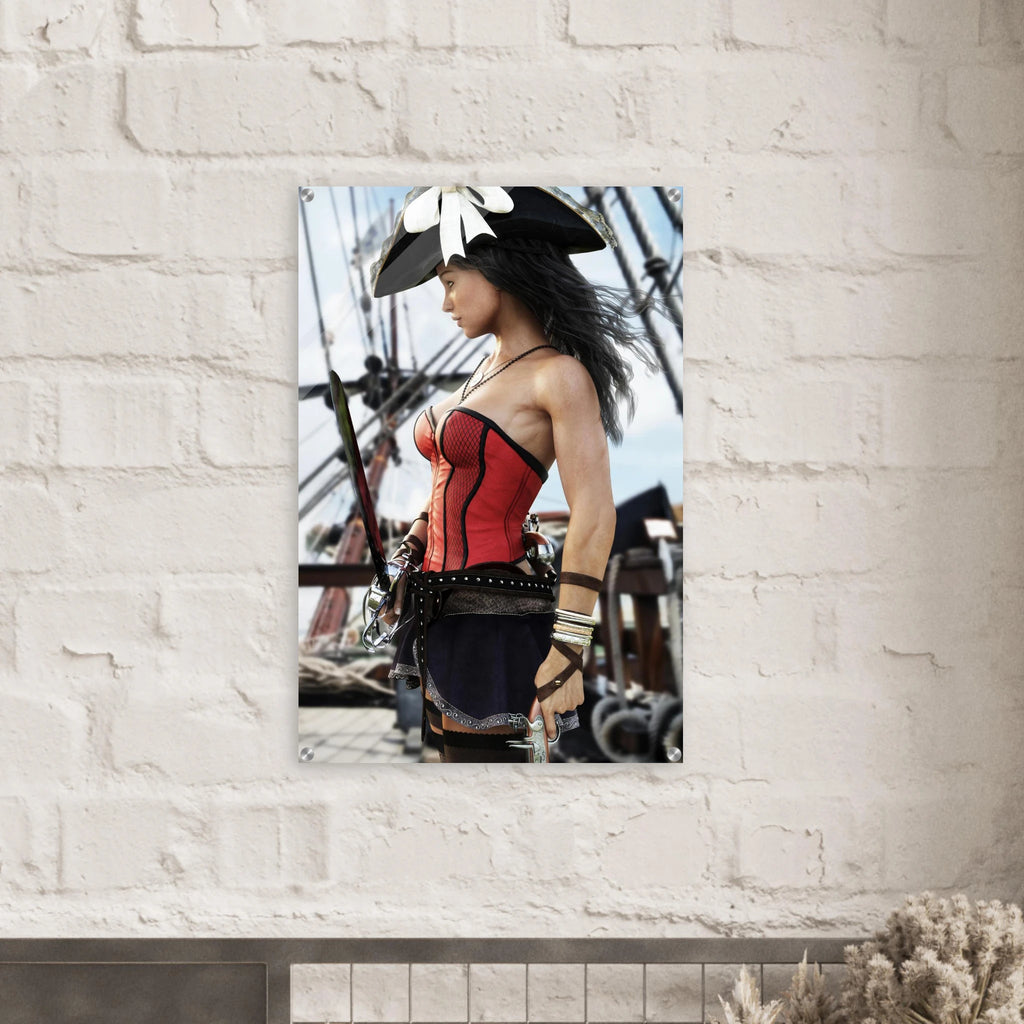 A vertical wall art print depicting a woman in pirate attire with a red corset, dark skirt, and black hat, mounted on a white brick wall above a mantel.