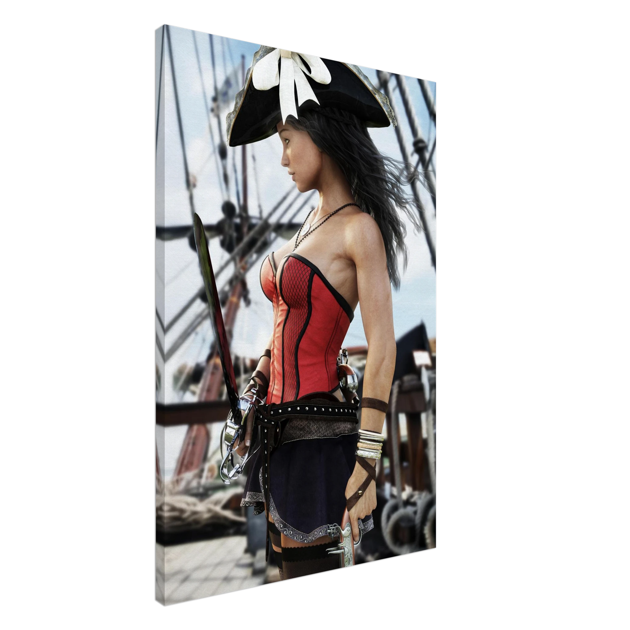 Handcrafted Female Pirate Captain wall art featuring a fearless pirate aboard a historic sailing ship holding a polished cutlass with twin flintlock pistols. Premium fantasy artwork for pirate collectors, gaming rooms, nautical décor, and fantasy enthusiasts.