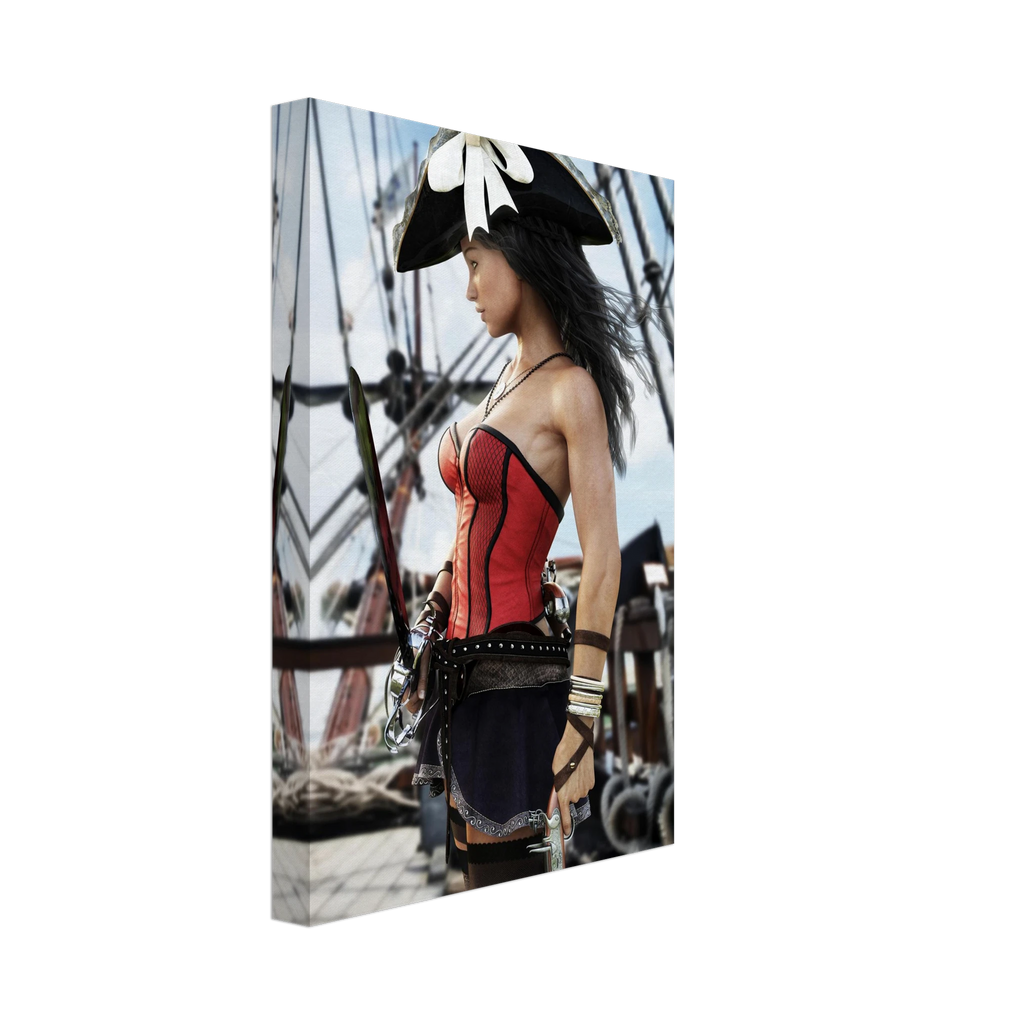 Handcrafted Female Pirate Captain wall art featuring a fearless pirate aboard a historic sailing ship holding a polished cutlass with twin flintlock pistols. Premium fantasy artwork for pirate collectors, gaming rooms, nautical décor, and fantasy enthusiasts.