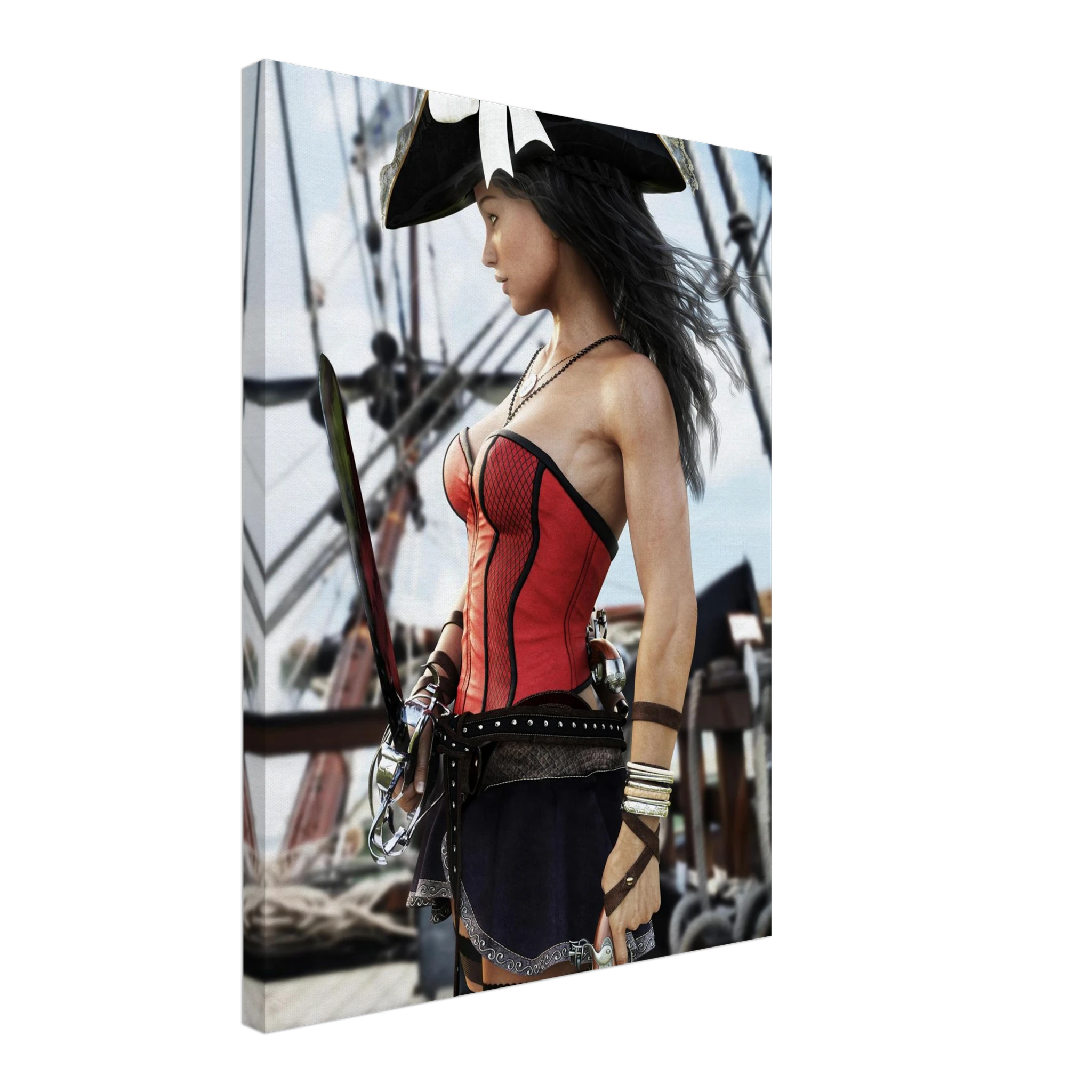 Handcrafted Female Pirate Captain wall art featuring a fearless pirate aboard a historic sailing ship holding a polished cutlass with twin flintlock pistols. Premium fantasy artwork for pirate collectors, gaming rooms, nautical décor, and fantasy enthusiasts.