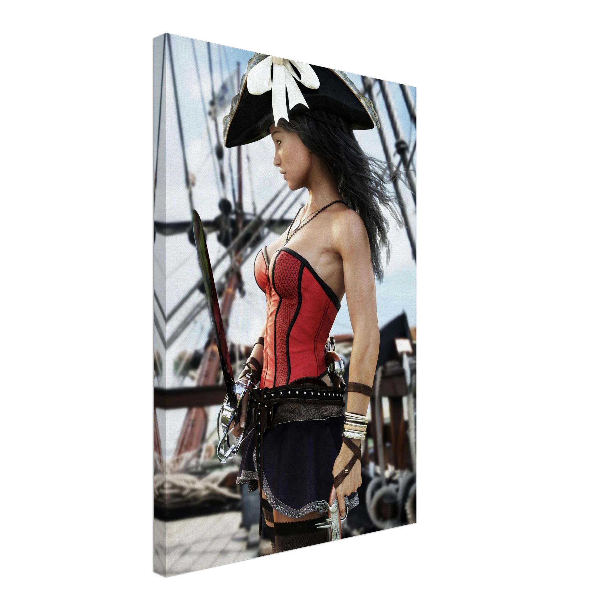 Handcrafted Female Pirate Captain wall art featuring a fearless pirate aboard a historic sailing ship holding a polished cutlass with twin flintlock pistols. Premium fantasy artwork for pirate collectors, gaming rooms, nautical décor, and fantasy enthusiasts.