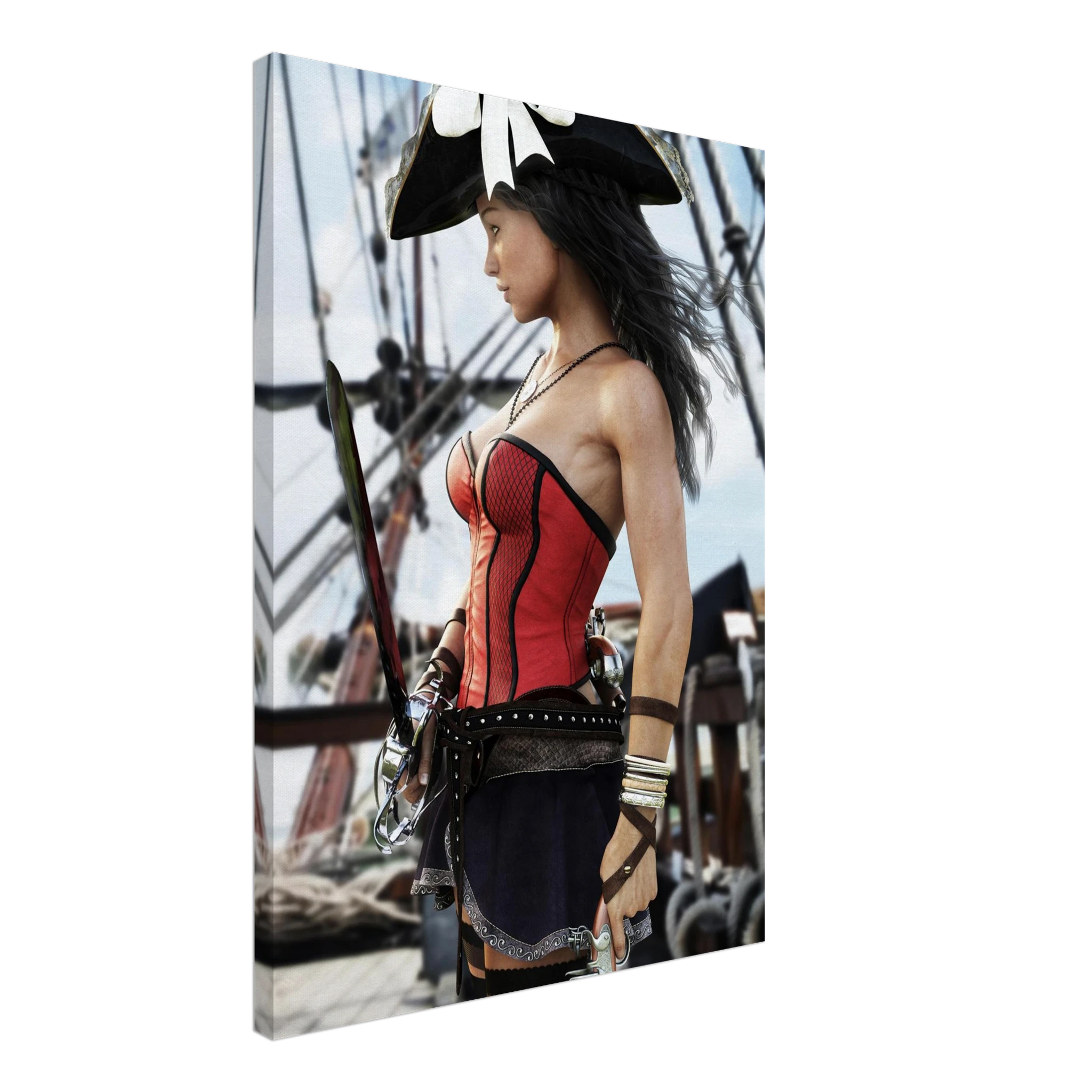 Handcrafted Female Pirate Captain wall art featuring a fearless pirate aboard a historic sailing ship holding a polished cutlass with twin flintlock pistols. Premium fantasy artwork for pirate collectors, gaming rooms, nautical décor, and fantasy enthusiasts.