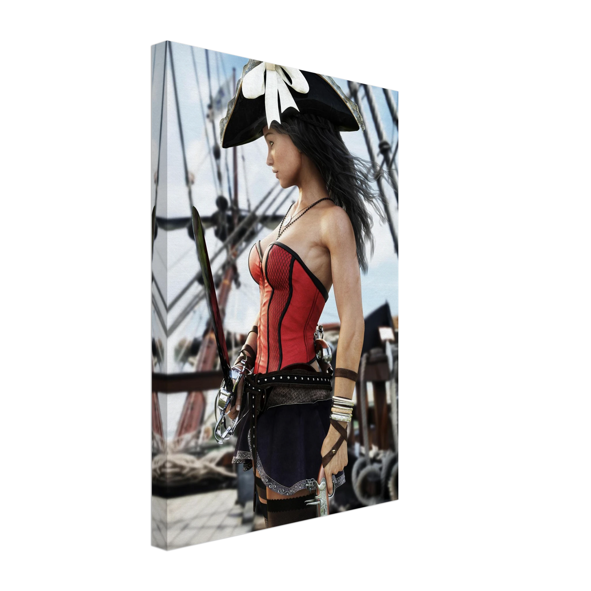 Handcrafted Female Pirate Captain wall art featuring a fearless pirate aboard a historic sailing ship holding a polished cutlass with twin flintlock pistols. Premium fantasy artwork for pirate collectors, gaming rooms, nautical décor, and fantasy enthusiasts.