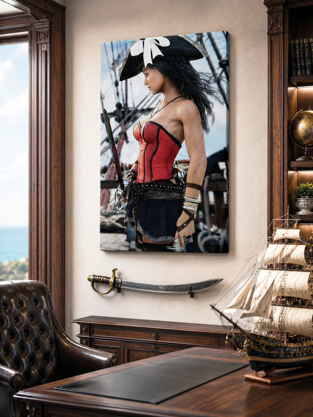 Handcrafted Female Pirate Captain wall art featuring a fearless pirate aboard a historic sailing ship holding a polished cutlass with twin flintlock pistols. Premium fantasy artwork for pirate collectors, gaming rooms, nautical décor, and fantasy enthusiasts.