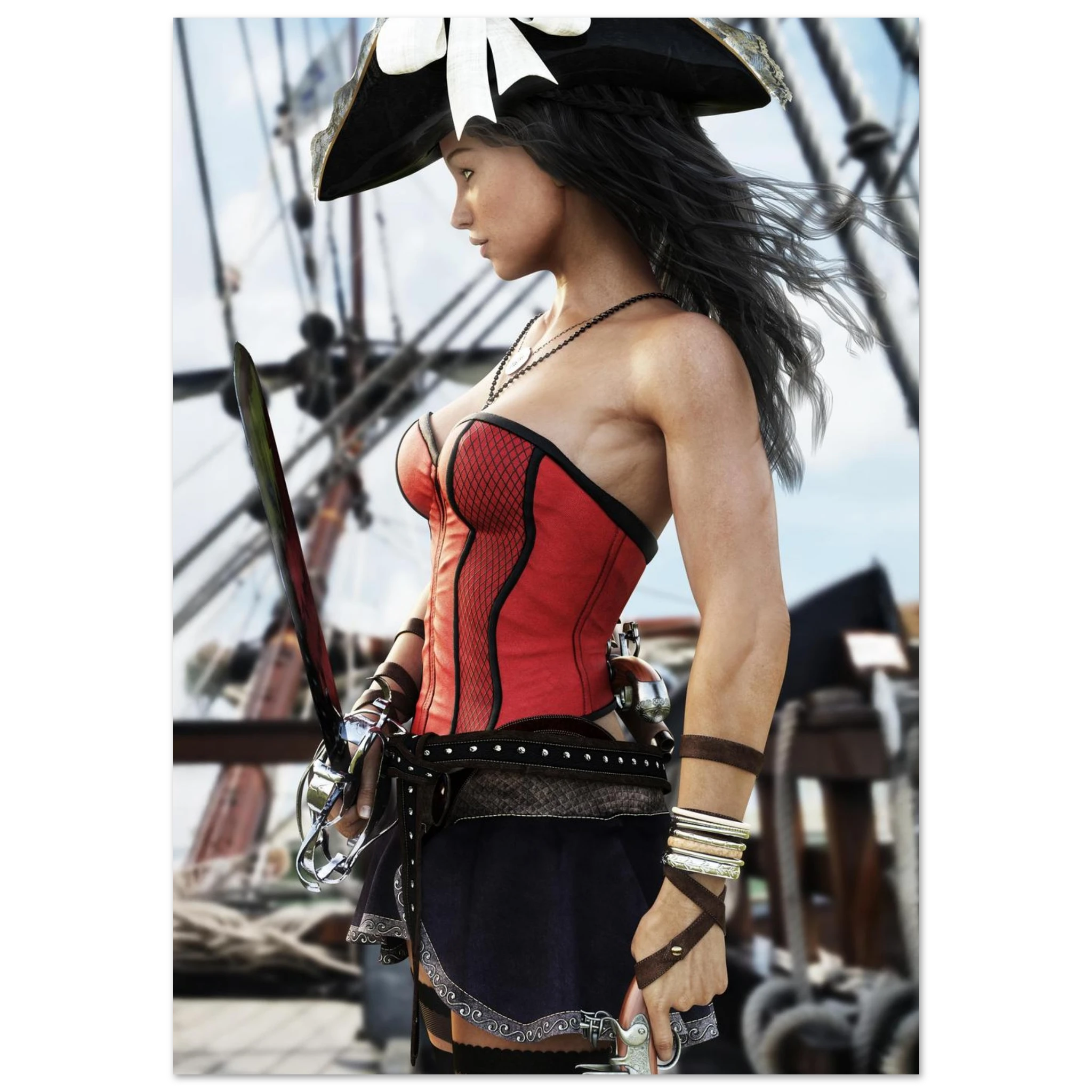 Handcrafted Female Pirate Captain wall art featuring a fearless pirate aboard a historic sailing ship holding a polished cutlass with twin flintlock pistols. Premium fantasy artwork for pirate collectors, gaming rooms, nautical décor, and fantasy enthusiasts.