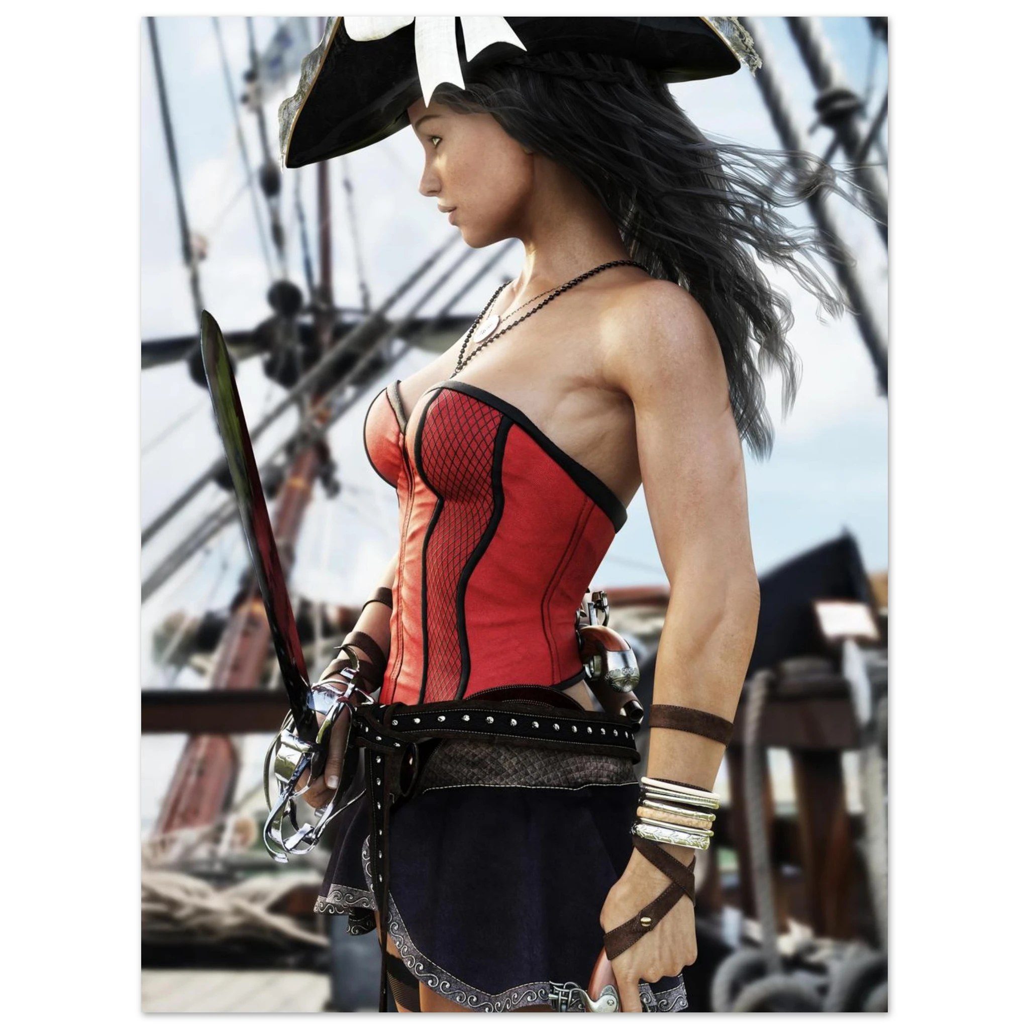Handcrafted Female Pirate Captain wall art featuring a fearless pirate aboard a historic sailing ship holding a polished cutlass with twin flintlock pistols. Premium fantasy artwork for pirate collectors, gaming rooms, nautical décor, and fantasy enthusiasts.