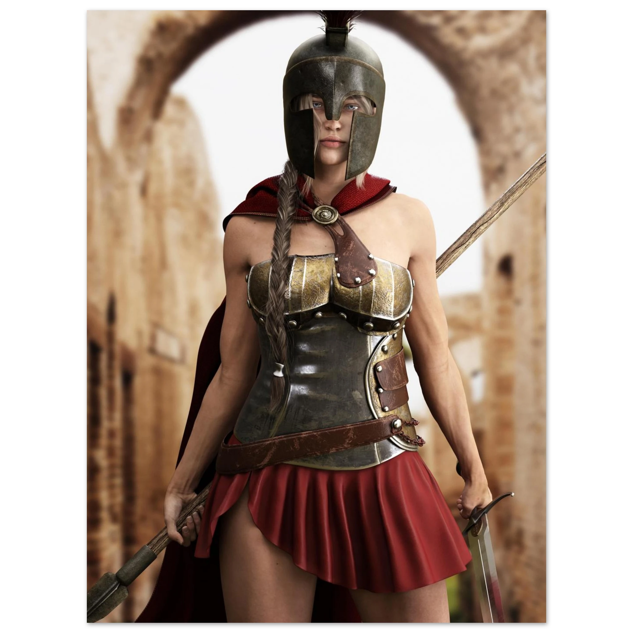A woman in ancient Greek Spartan-style armor and helmet, holding a spear, posed against a blurred stone archway background.