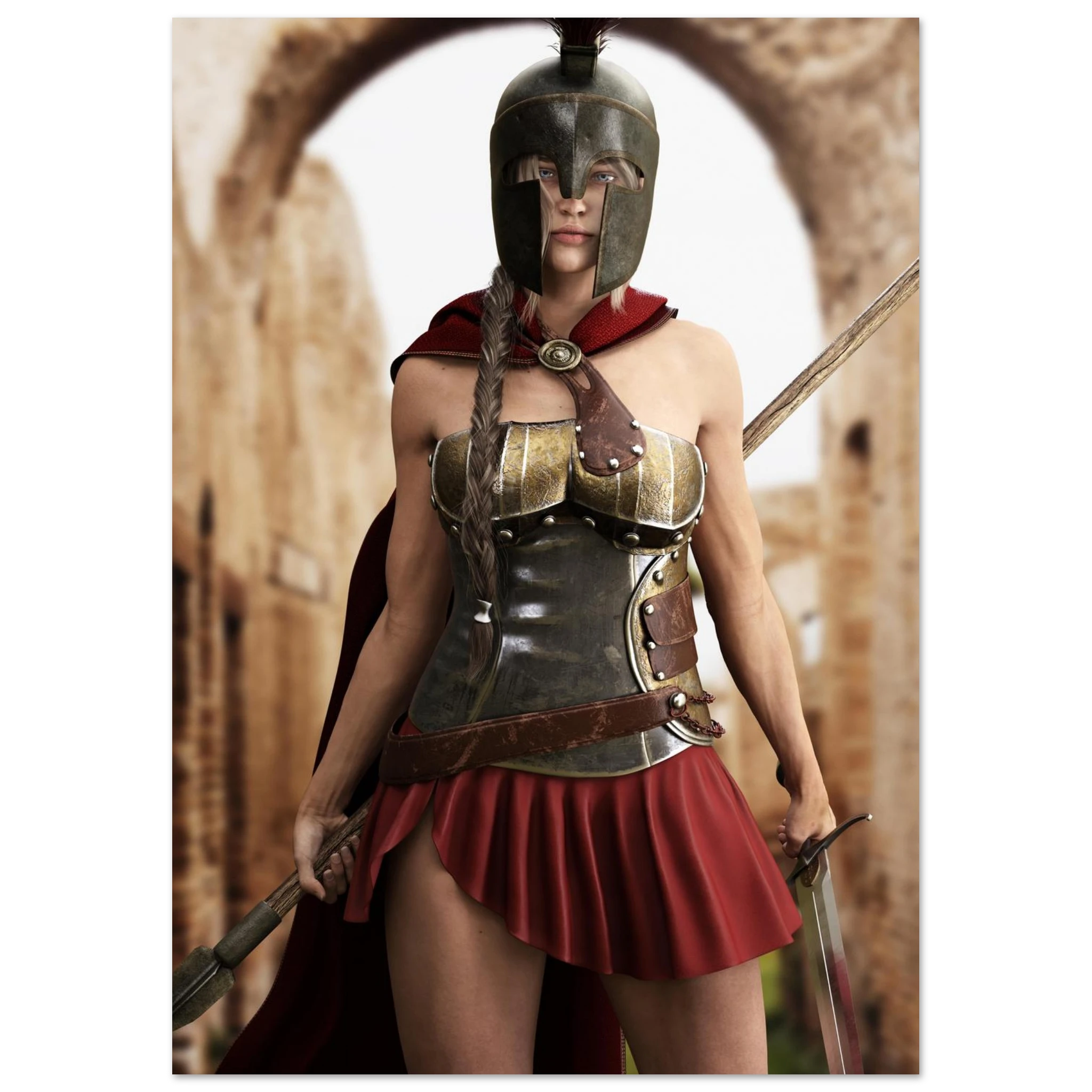 A woman wearing a Spartan-style helmet, bronze and dark gray metal armor, a red cape, and a red pleated skirt, holding swords in a stone archway setting.