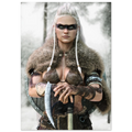 Handcrafted fantasy artwork of a Viking shieldmaiden wearing fur-lined armor and Nordic war paint while holding a battle axe in a snowy wilderness.
