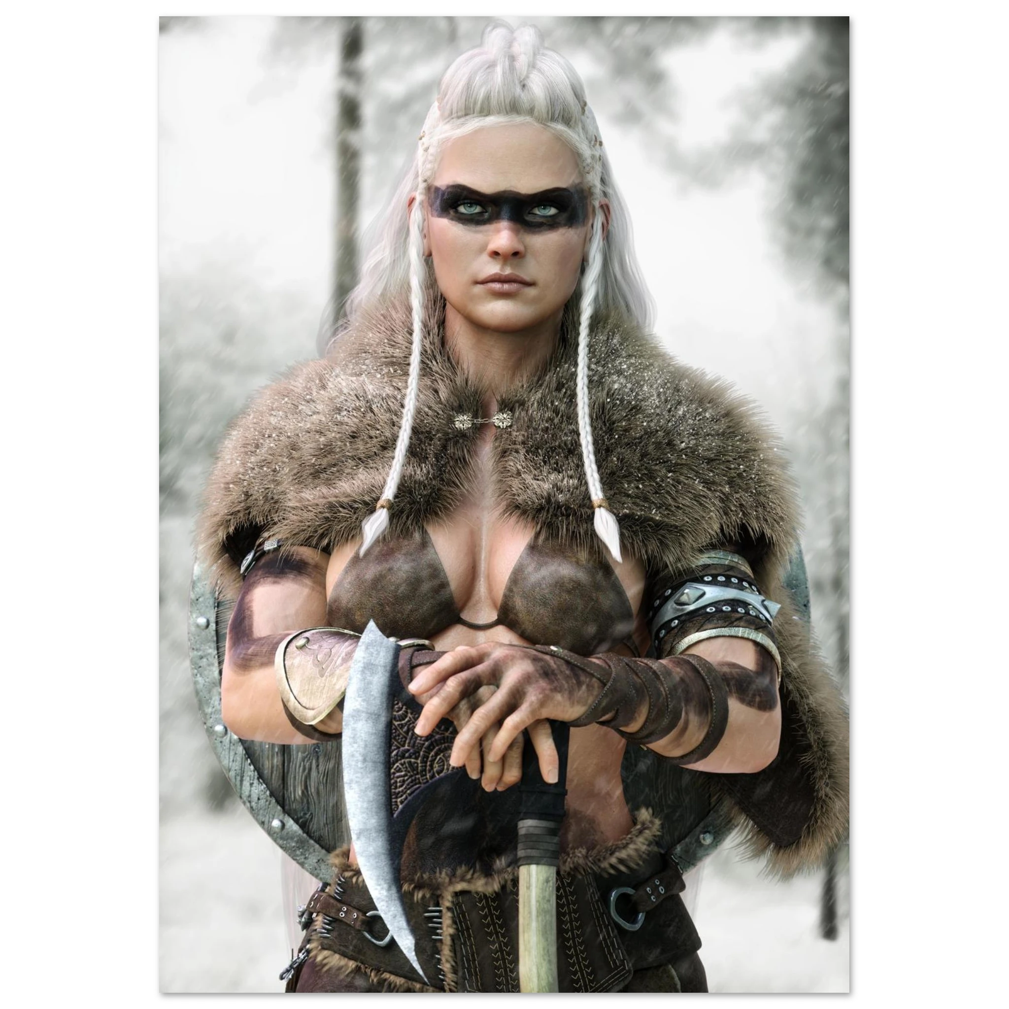 Handcrafted fantasy artwork of a Viking shieldmaiden wearing fur-lined armor and Nordic war paint while holding a battle axe in a snowy wilderness.