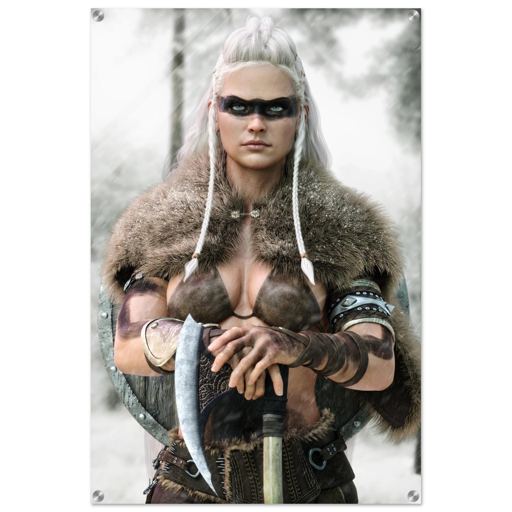 Handcrafted fantasy artwork of a Viking shieldmaiden wearing fur-lined armor and Nordic war paint while holding a battle axe in a snowy wilderness.