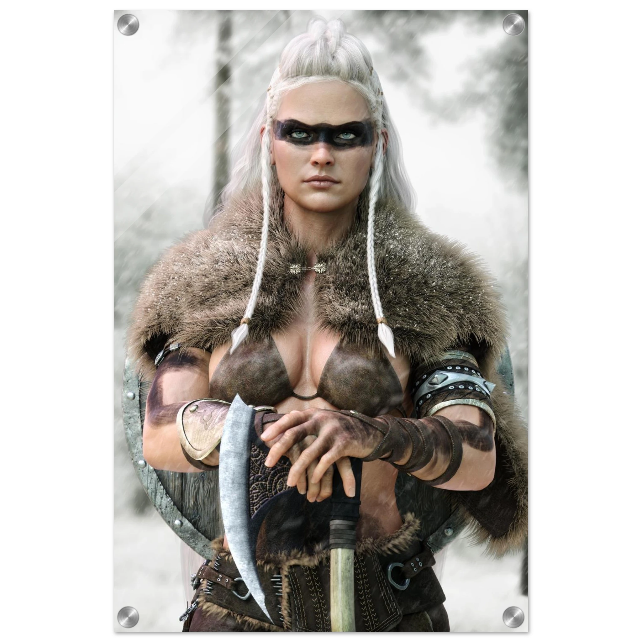 Handcrafted fantasy artwork of a Viking shieldmaiden wearing fur-lined armor and Nordic war paint while holding a battle axe in a snowy wilderness.