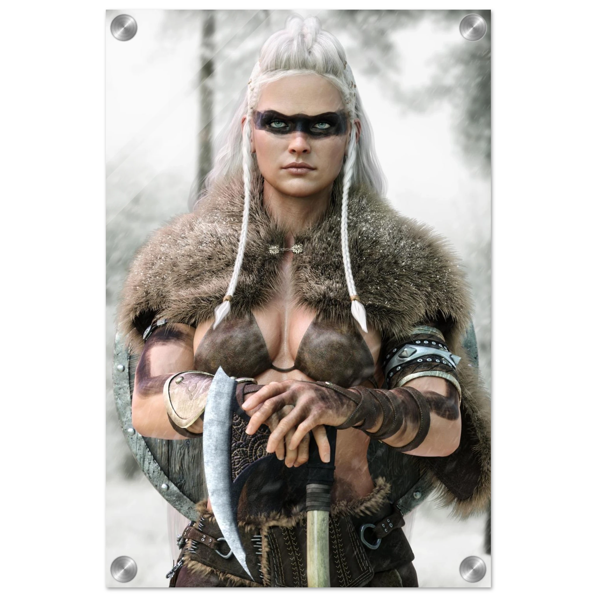 Handcrafted fantasy artwork of a Viking shieldmaiden wearing fur-lined armor and Nordic war paint while holding a battle axe in a snowy wilderness.