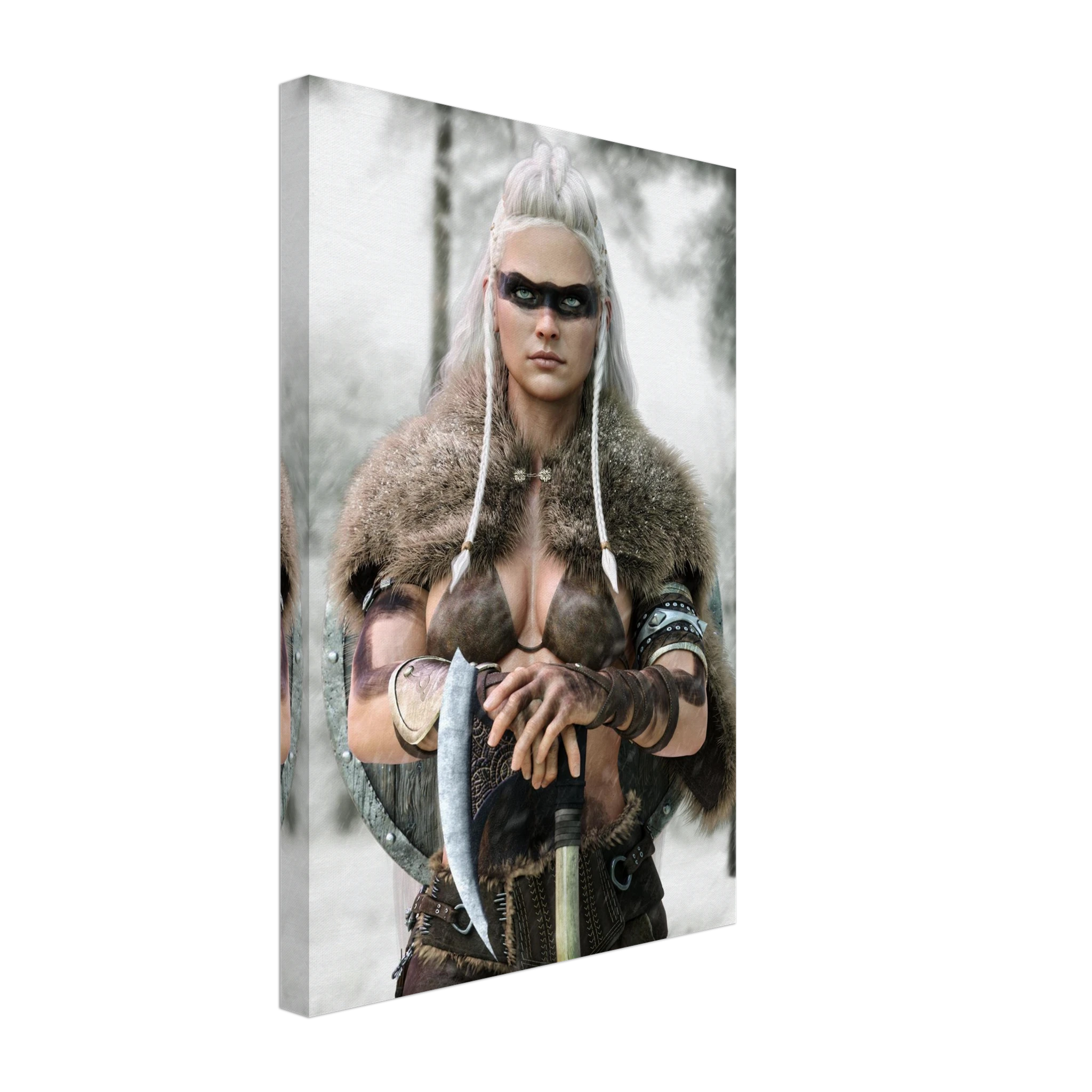 Handcrafted fantasy artwork of a Viking shieldmaiden wearing fur-lined armor and Nordic war paint while holding a battle axe in a snowy wilderness.