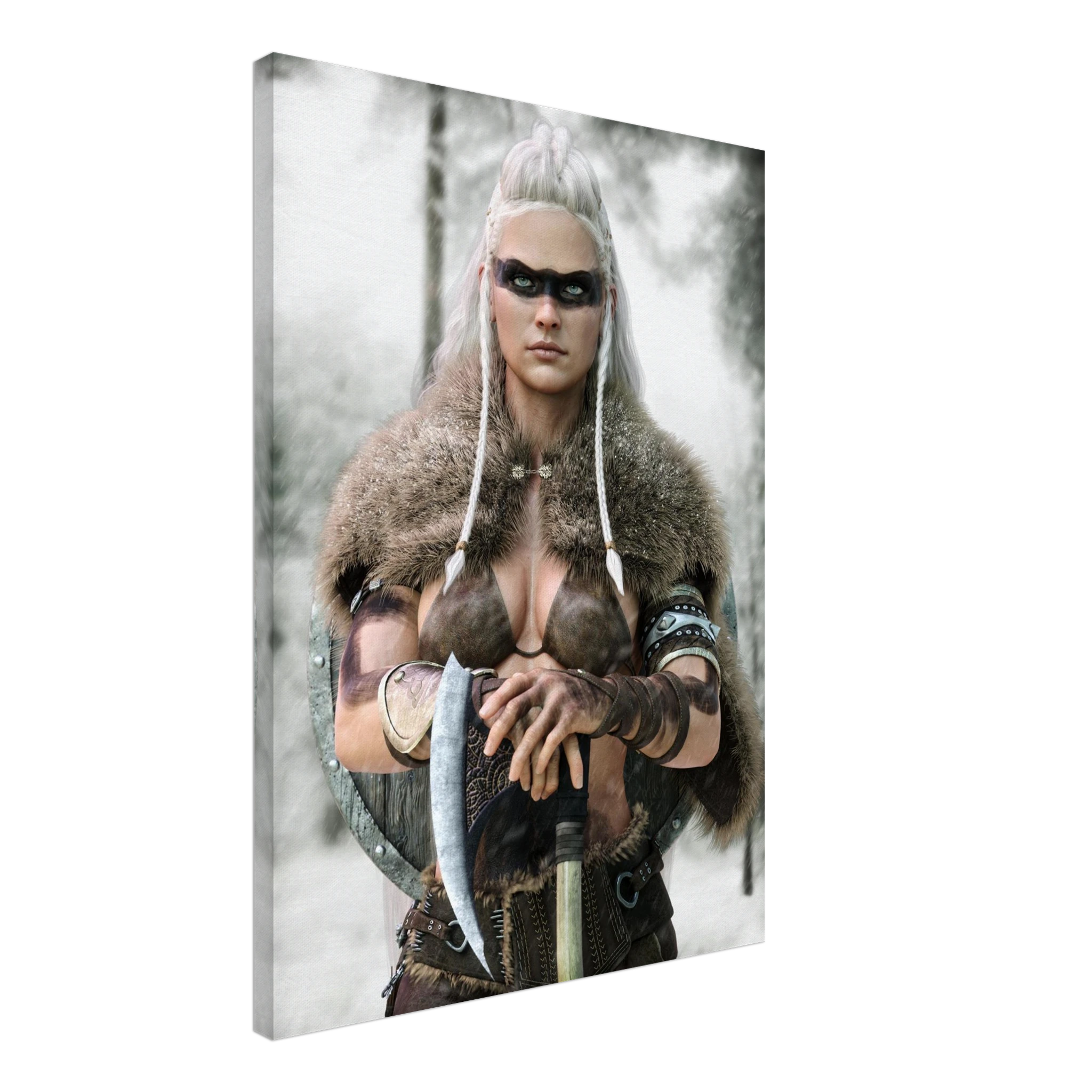 Handcrafted fantasy artwork of a Viking shieldmaiden wearing fur-lined armor and Nordic war paint while holding a battle axe in a snowy wilderness.