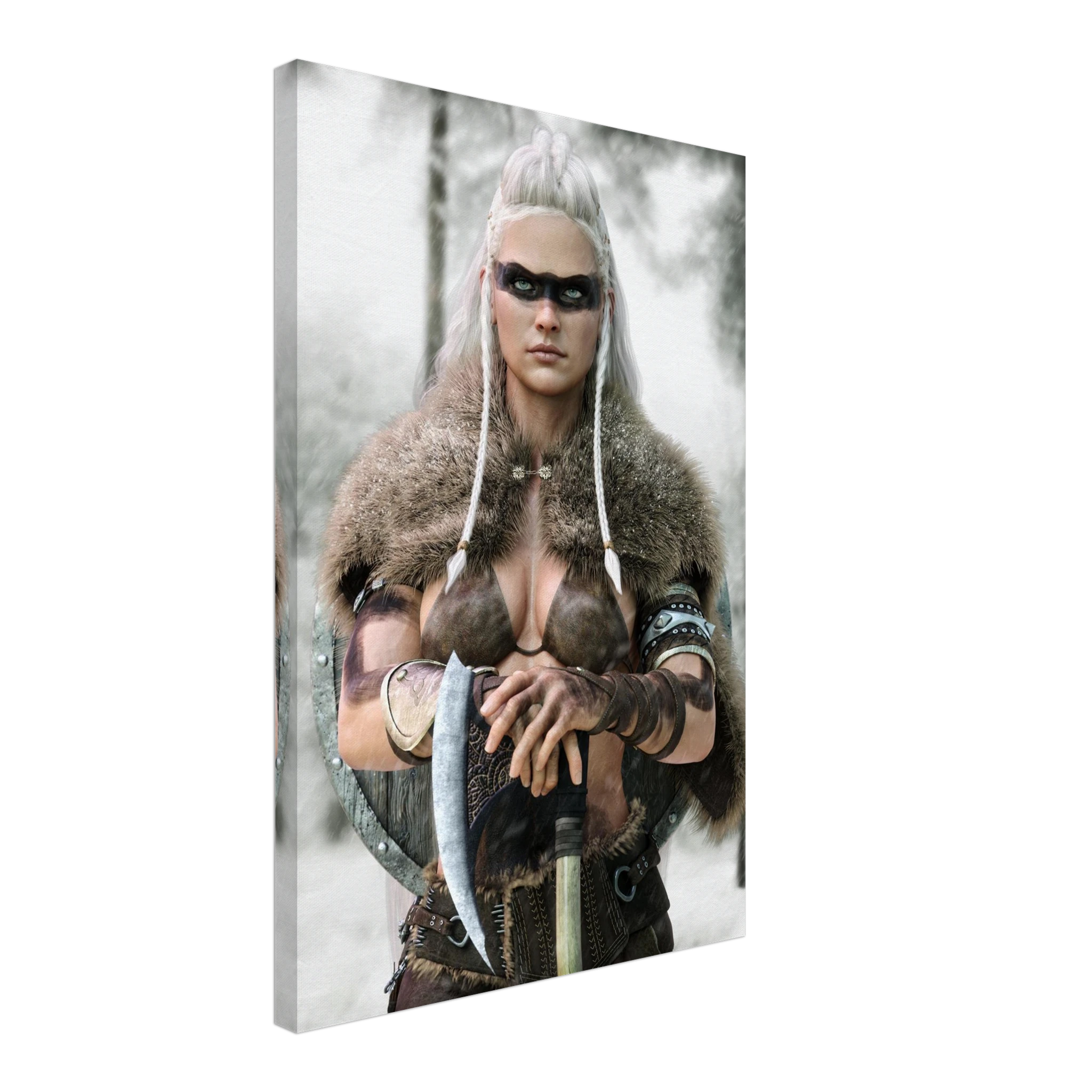 Handcrafted fantasy artwork of a Viking shieldmaiden wearing fur-lined armor and Nordic war paint while holding a battle axe in a snowy wilderness.