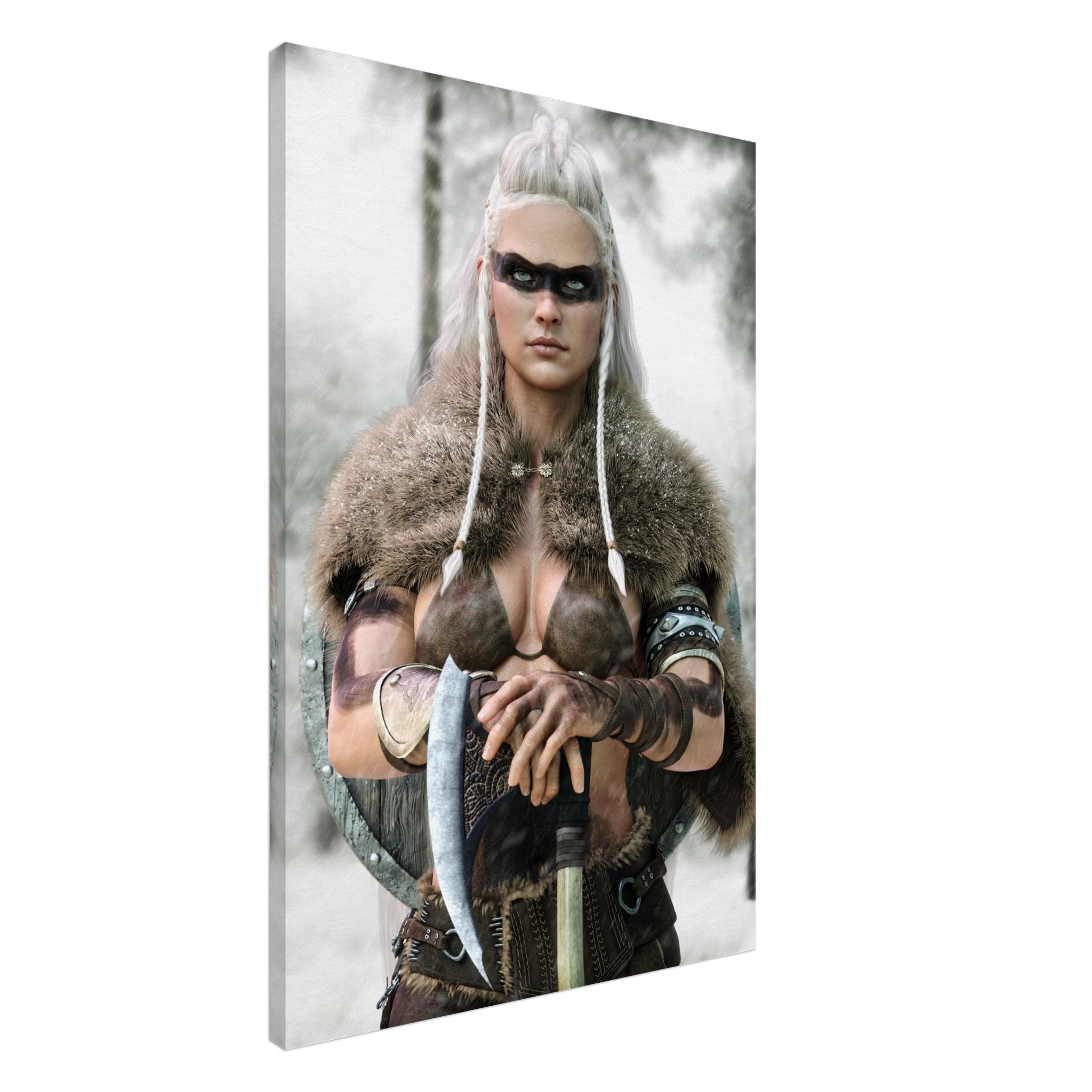 Handcrafted fantasy artwork of a Viking shieldmaiden wearing fur-lined armor and Nordic war paint while holding a battle axe in a snowy wilderness.