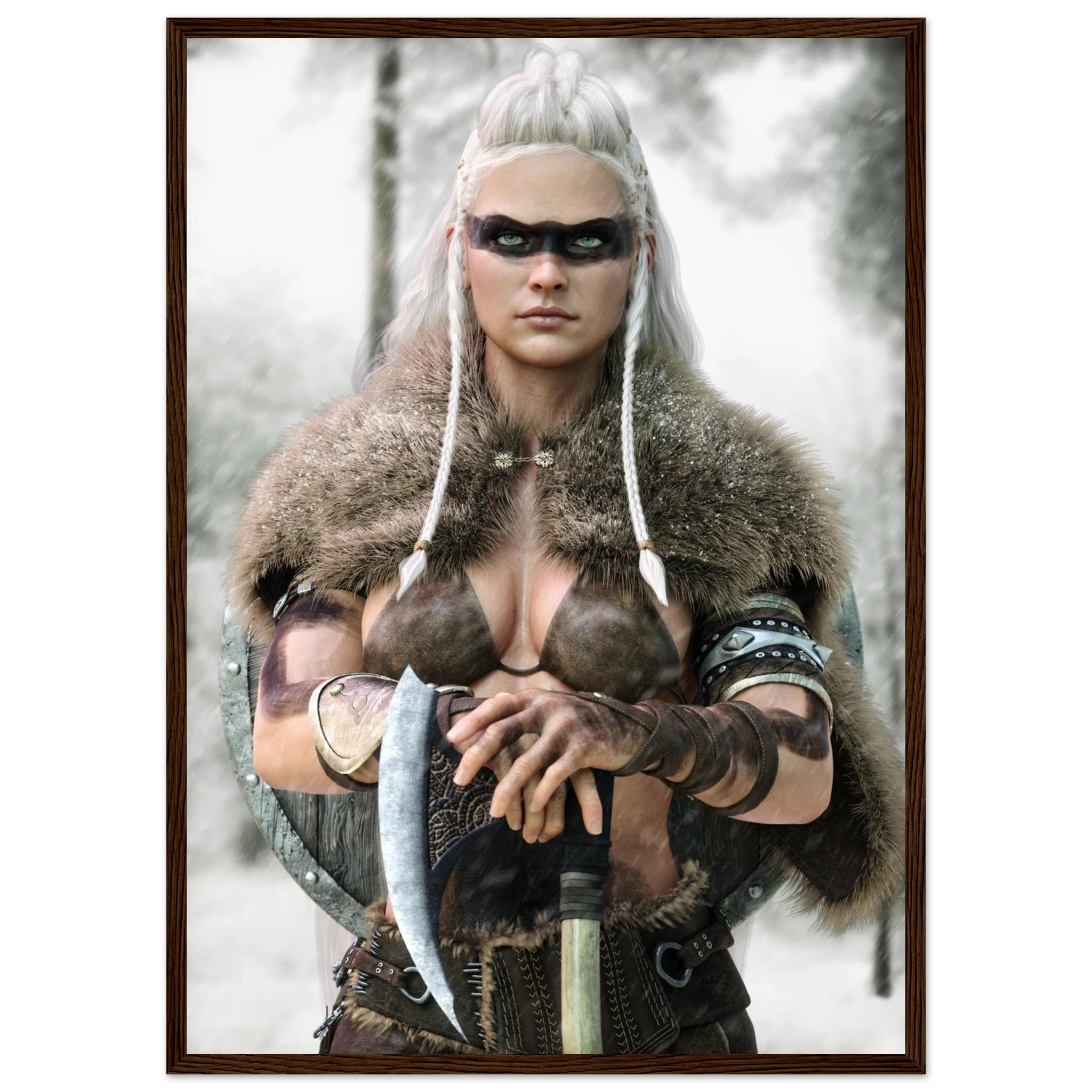Handcrafted fantasy artwork of a Viking shieldmaiden wearing fur-lined armor and Nordic war paint while holding a battle axe in a snowy wilderness.