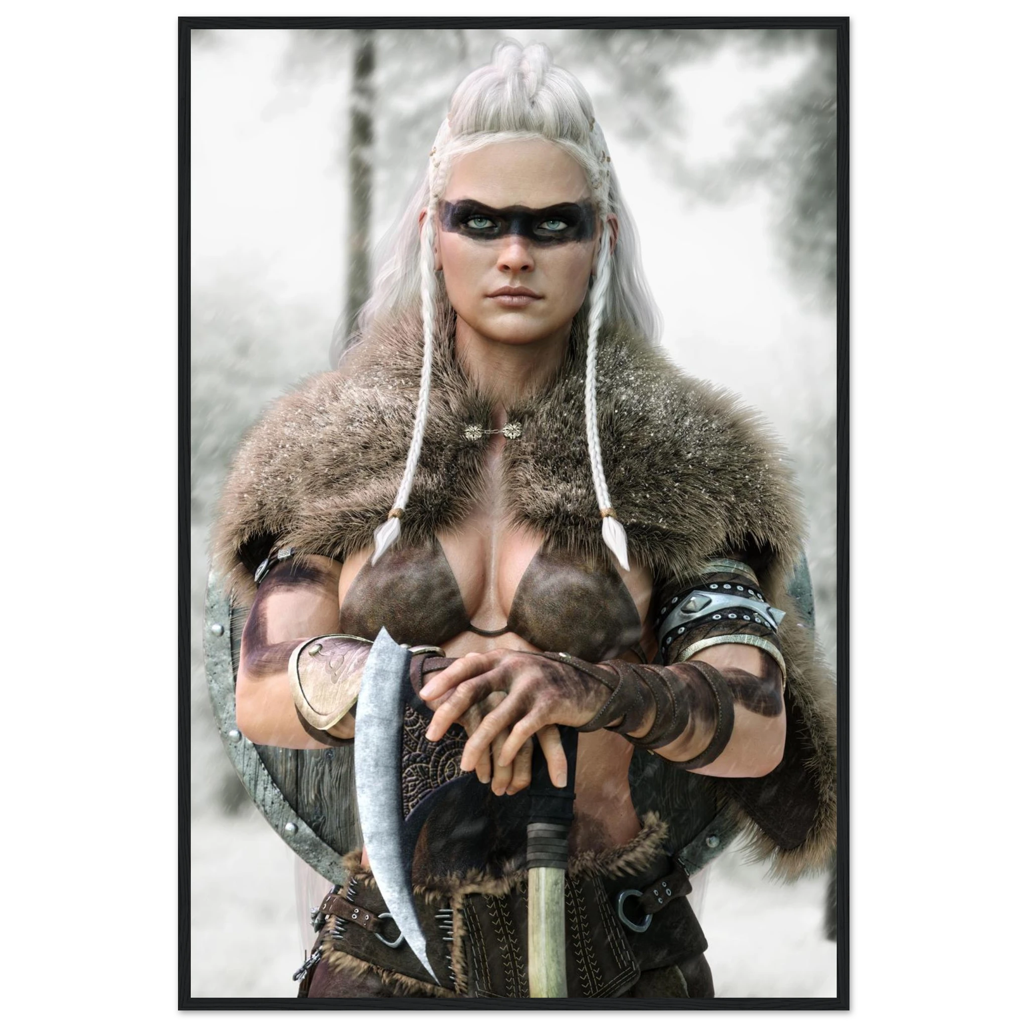 Handcrafted fantasy artwork of a Viking shieldmaiden wearing fur-lined armor and Nordic war paint while holding a battle axe in a snowy wilderness.