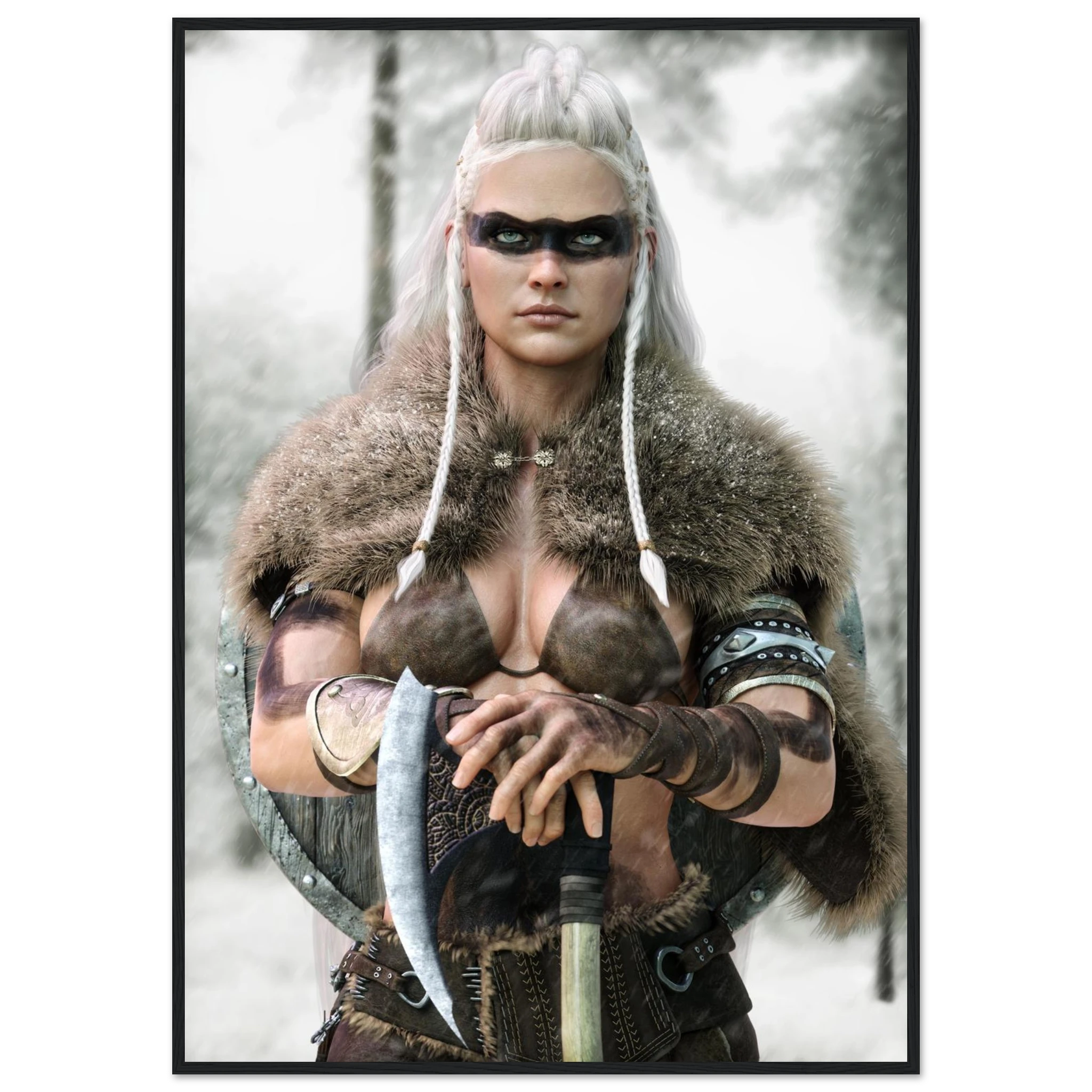 Handcrafted fantasy artwork of a Viking shieldmaiden wearing fur-lined armor and Nordic war paint while holding a battle axe in a snowy wilderness.