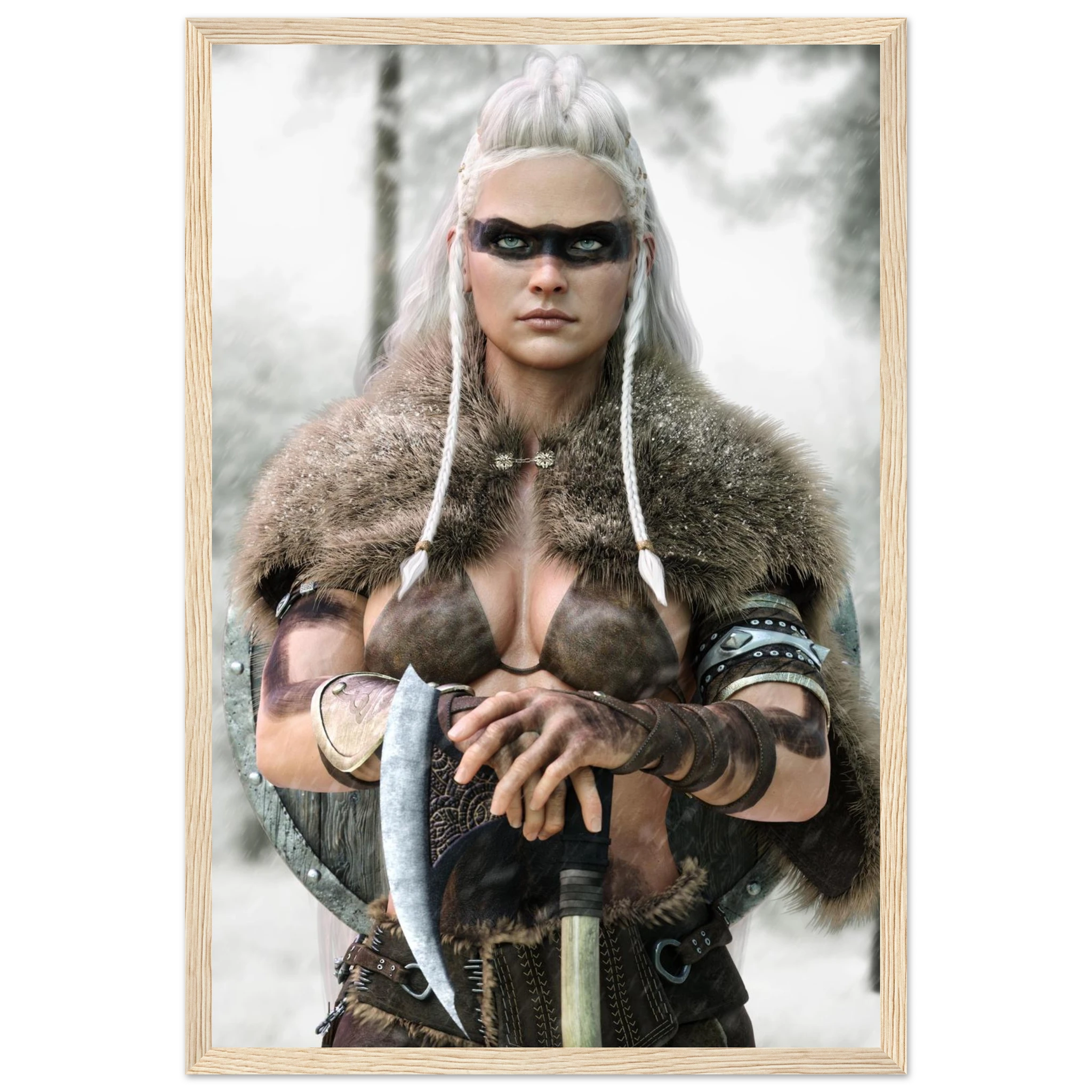 Handcrafted fantasy artwork of a Viking shieldmaiden wearing fur-lined armor and Nordic war paint while holding a battle axe in a snowy wilderness.