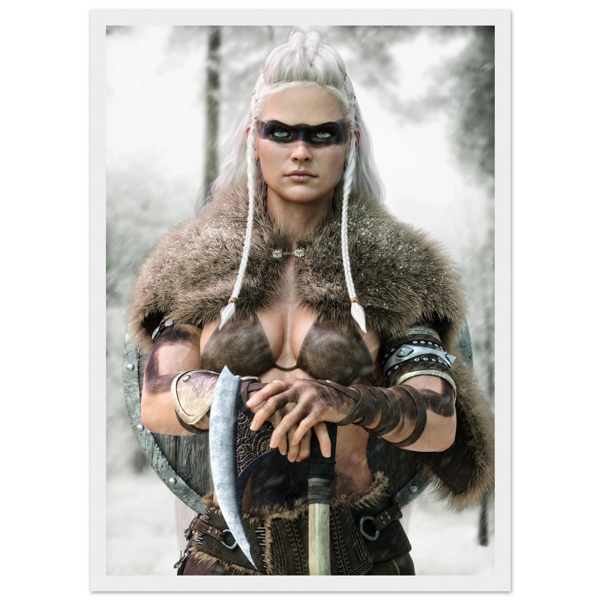 Handcrafted fantasy artwork of a Viking shieldmaiden wearing fur-lined armor and Nordic war paint while holding a battle axe in a snowy wilderness.