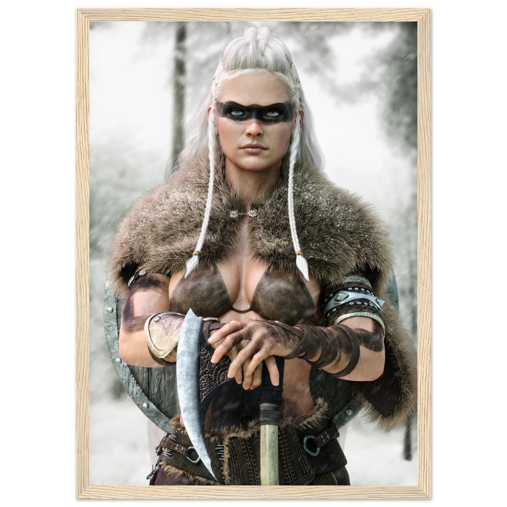 Handcrafted fantasy artwork of a Viking shieldmaiden wearing fur-lined armor and Nordic war paint while holding a battle axe in a snowy wilderness.