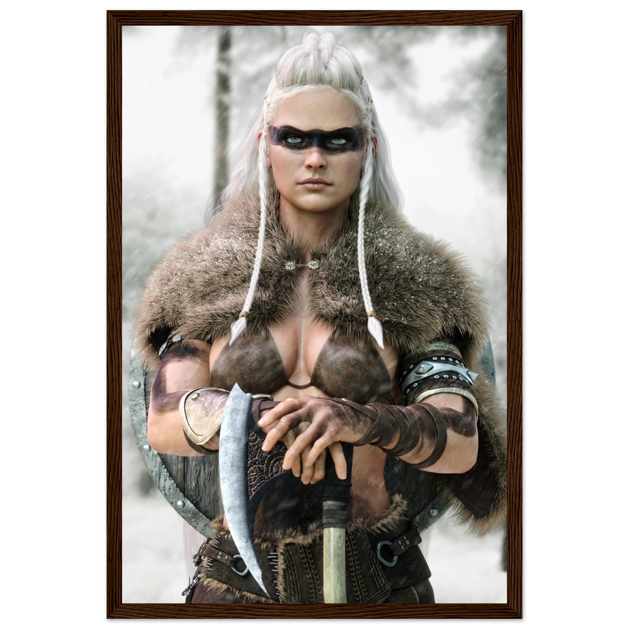 Handcrafted fantasy artwork of a Viking shieldmaiden wearing fur-lined armor and Nordic war paint while holding a battle axe in a snowy wilderness.