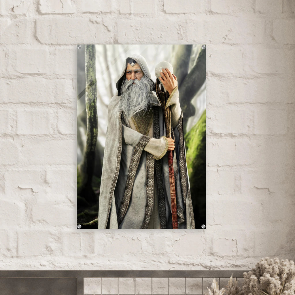 A vertical wall art print featuring a fantasy wizard with a long gray beard and staff, displayed on a white brick wall above a mantel.