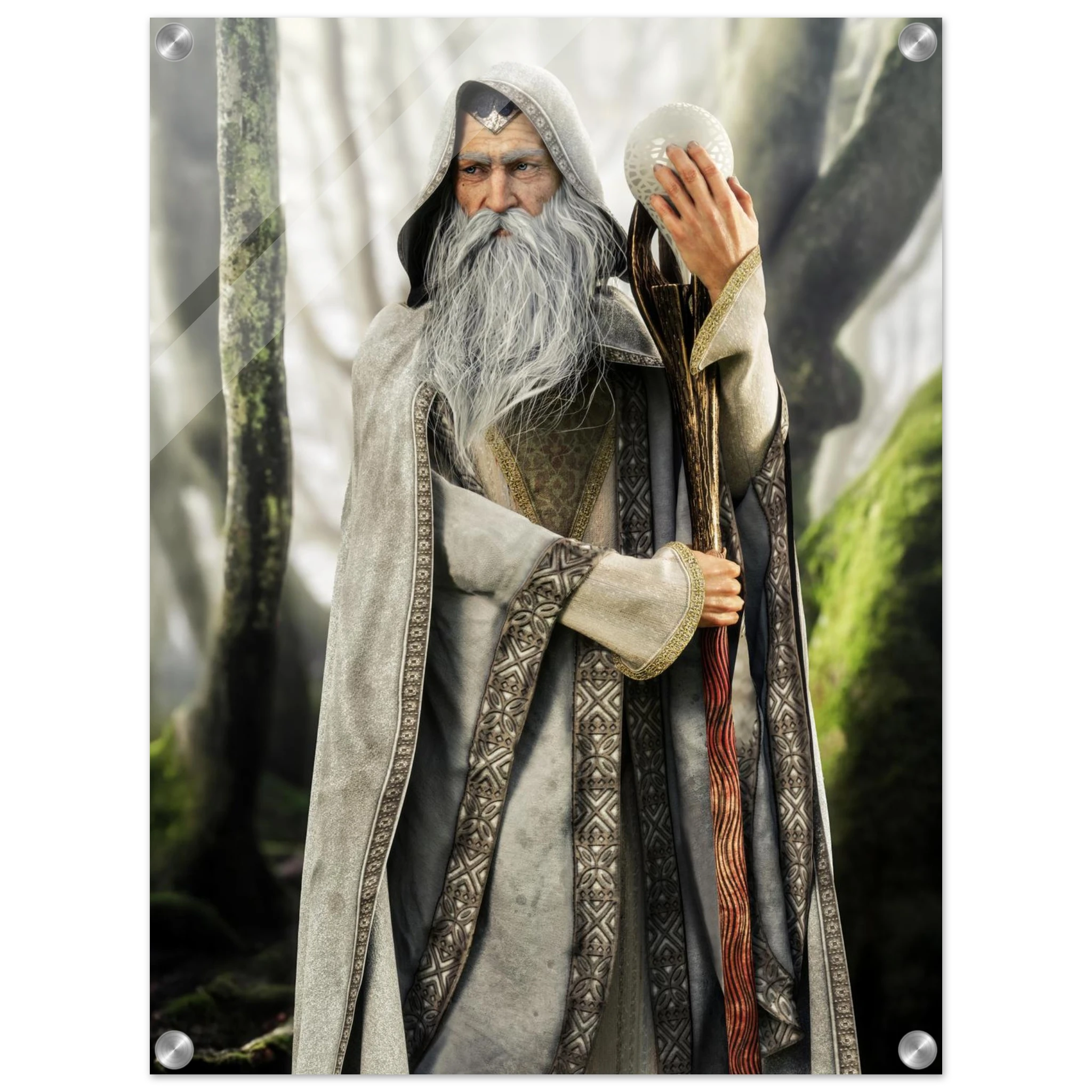 A fantasy wizard action figure or collectible character wearing a long gray robe with dark patterned trim, a white beard, and a silver staff, posed against a blurred forest background. The figure is shown on a white page-like background with visible mounting holes in the corners.