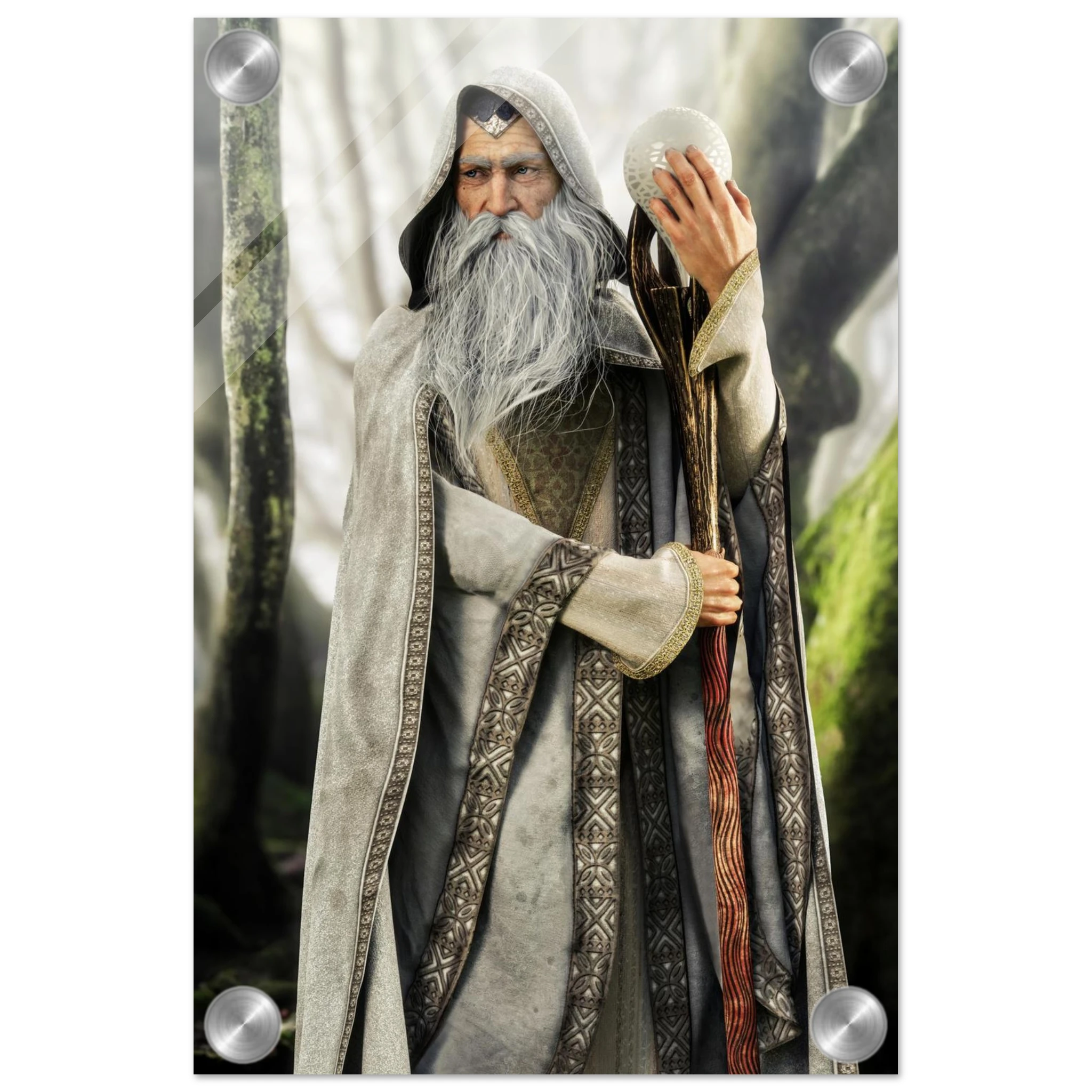 A collectible action figure of an elderly wizard with a long white beard and grey hooded robe, holding a staff and a glowing orb, set against a blurred forest background.