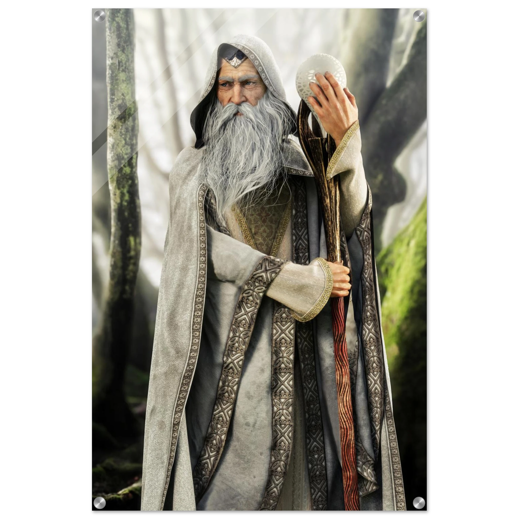 A vertical wall art print depicting an elderly wizard with a long white beard and hood, holding a staff and a white orb, set against a misty forest background. The print is shown with a white border and four silver grommets on the corners.