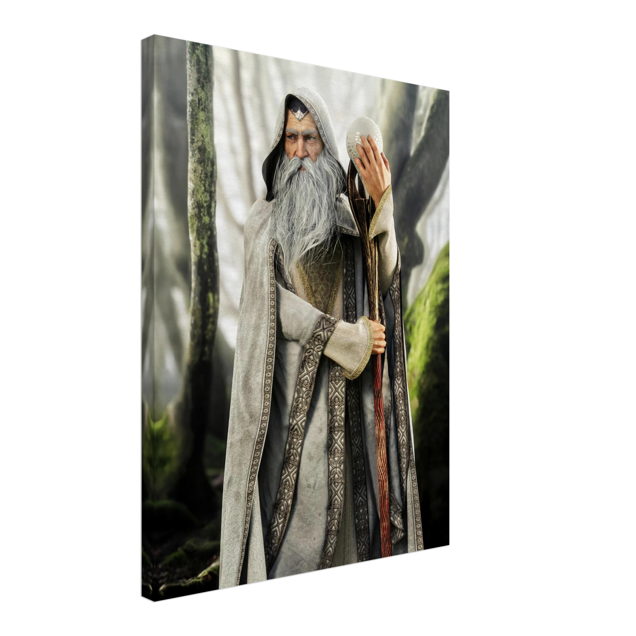 A vertical canvas wall art print depicting an elderly wizard with a long white beard, holding a staff and wearing a gray robe, set against a misty forest background.