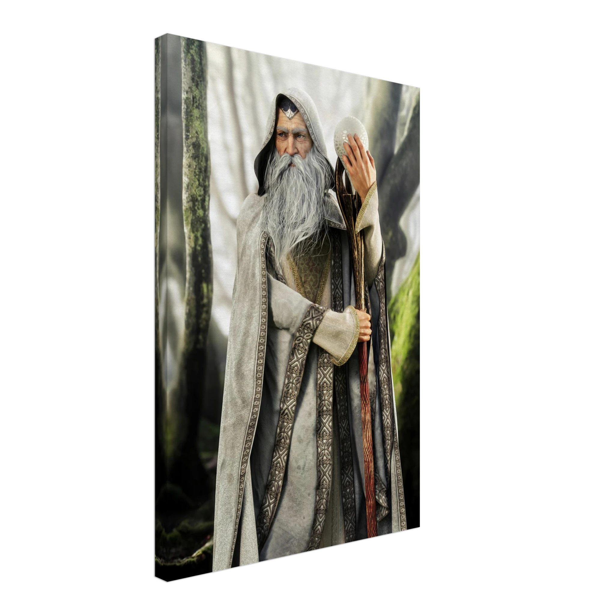 A vertical canvas wall art print showing an elderly wizard or sage with a long gray beard, draped robes, and a staff, standing in a misty forest. The canvas is photographed at an angle against a plain white background.