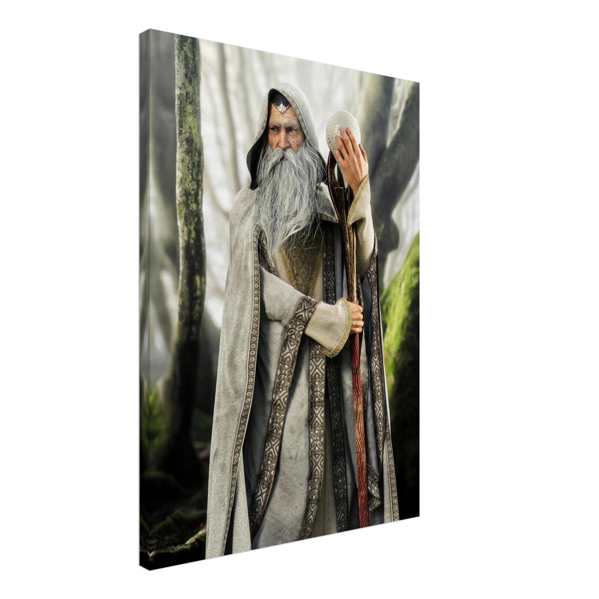 A vertical canvas wall art print depicting a fantasy scene of an elderly wizard with a long white beard, wearing a gray and black robe, holding a staff, and standing in a misty forest. The canvas is shown at a three-quarter angle against a plain white background.