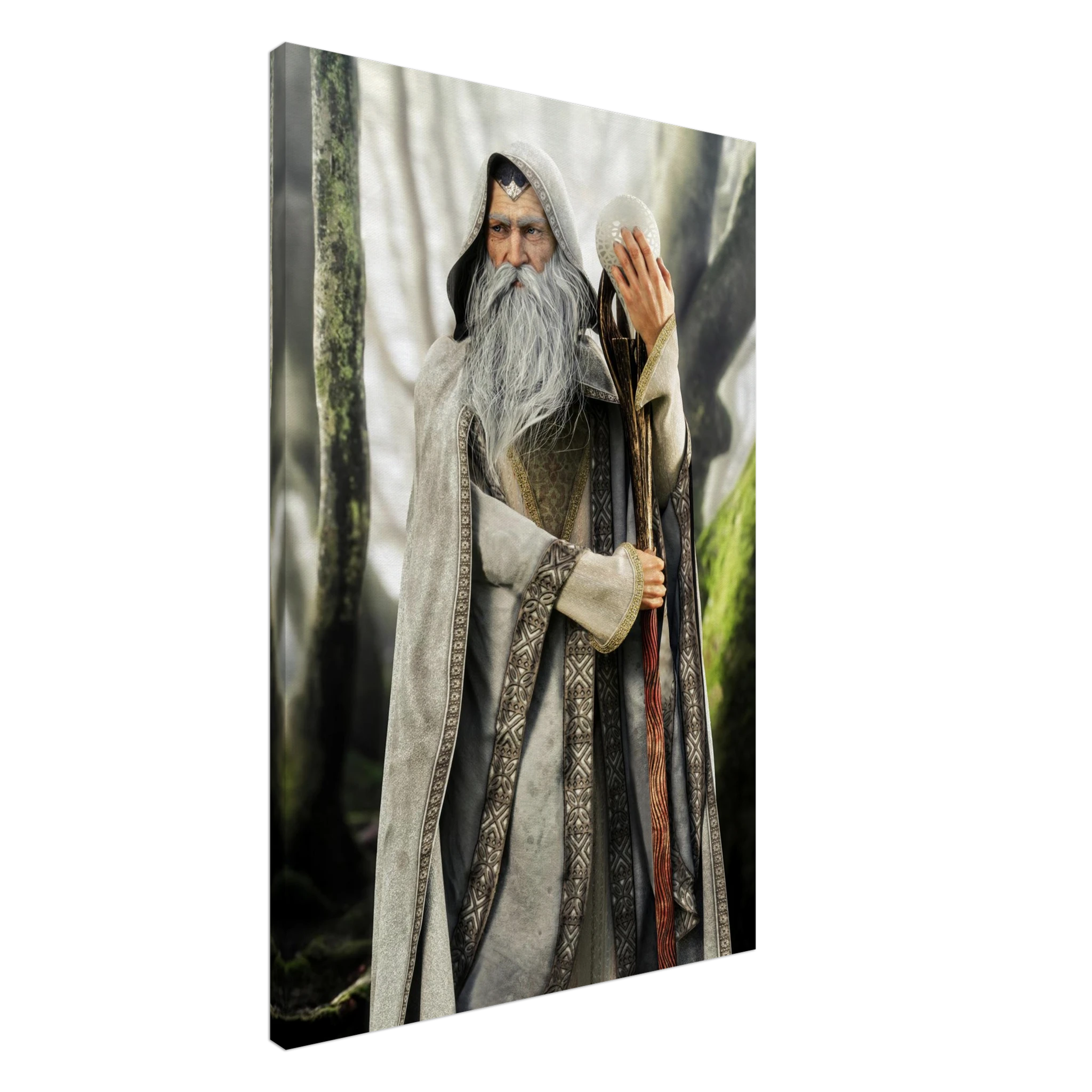 A vertical canvas wall art print depicting a fantasy scene of an elderly wizard with a long white beard, wearing a gray and black robe, holding a staff, and standing in a misty forest. The canvas is shown at an angle against a plain white background.
