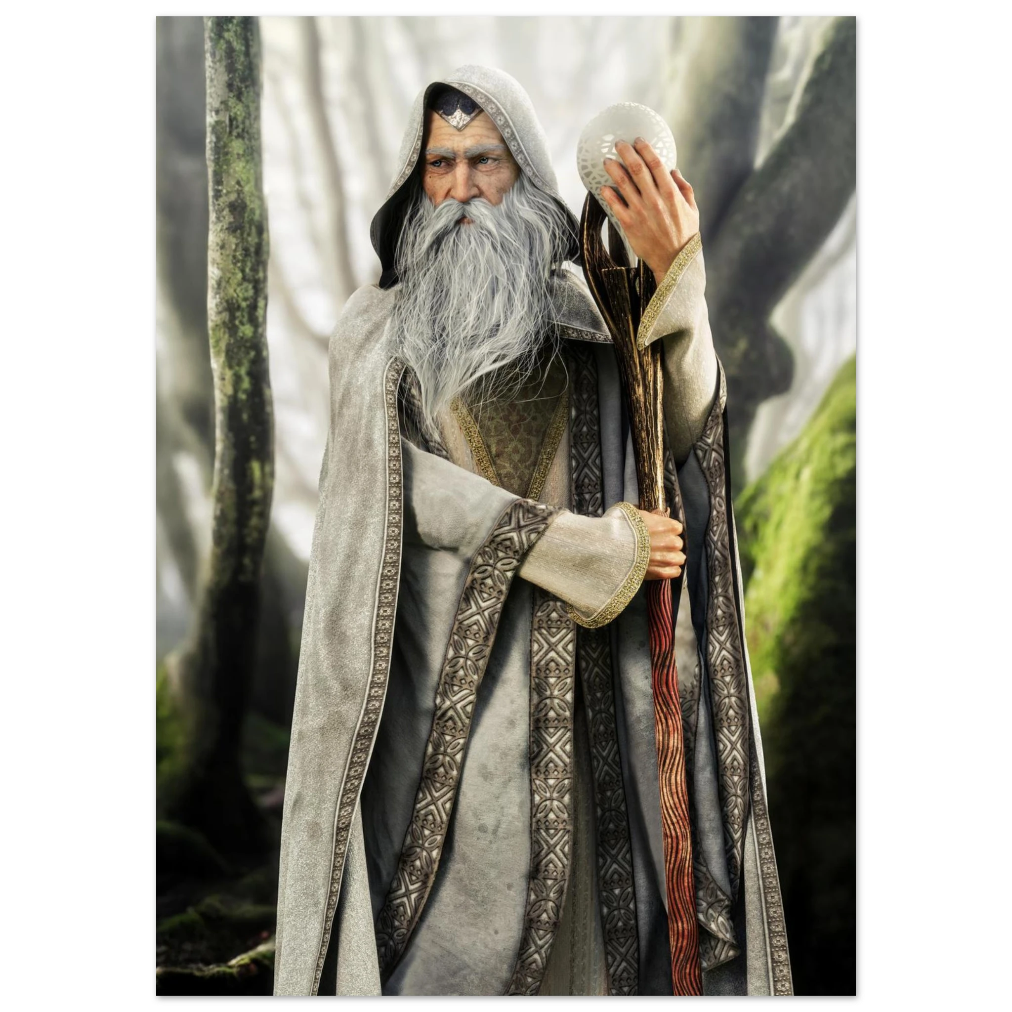 A detailed collectible figurine of a wizard with a long white beard and grey hooded cloak, holding a staff and a silver orb, set against a blurred forest background.