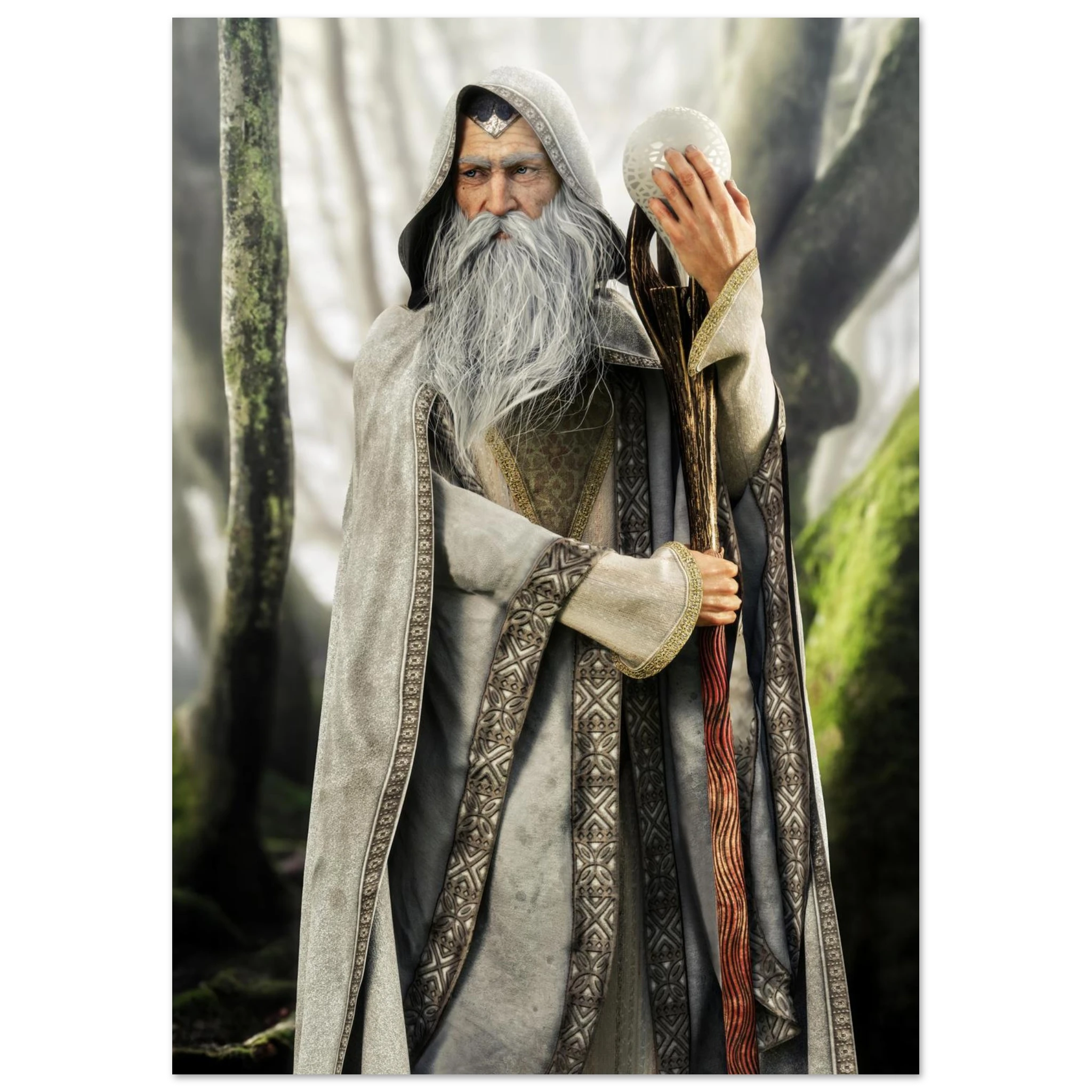A fantasy character print or poster showing an elderly wizard with a long white beard and hooded robe, holding a staff and a white orb, set against a misty forest background.