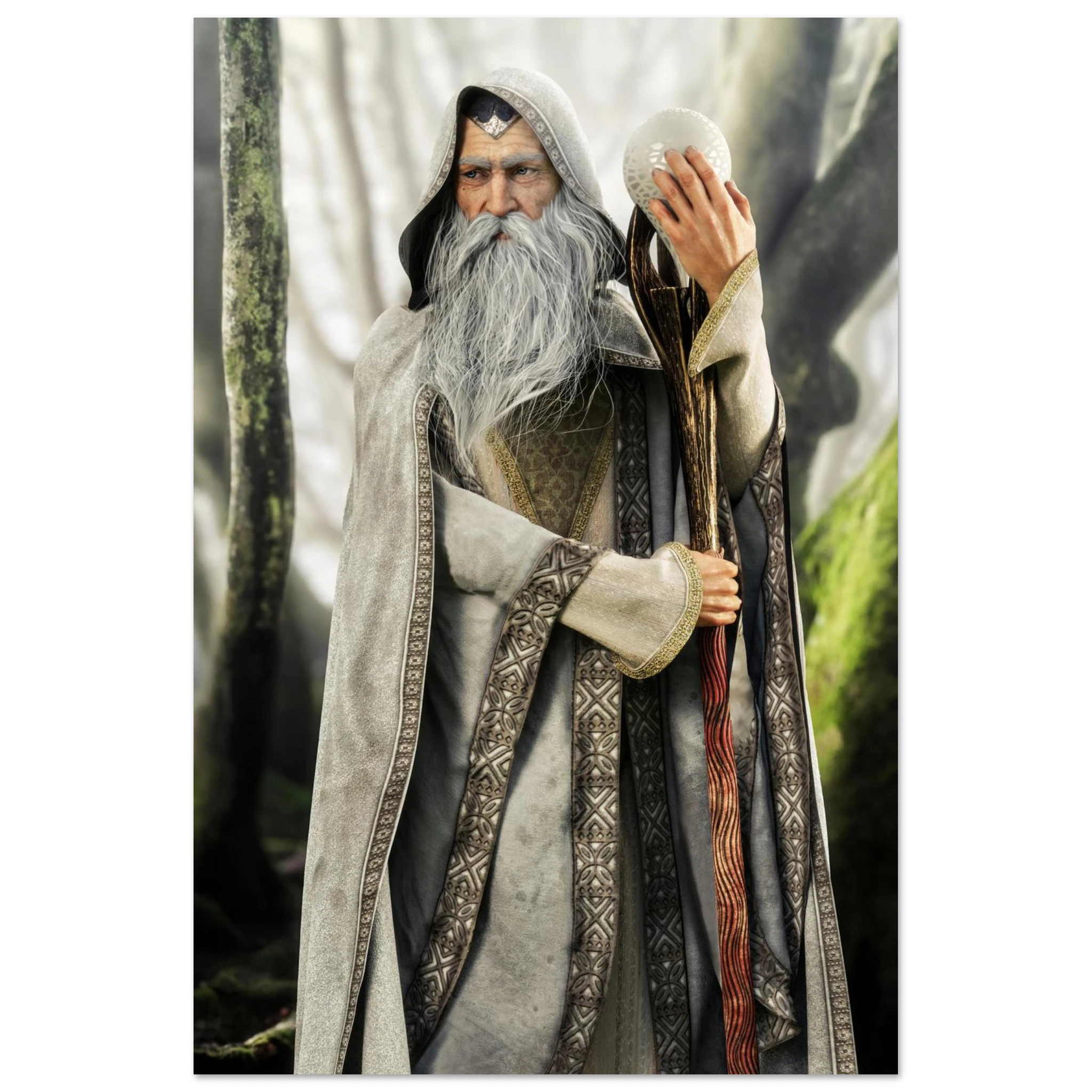A fantasy wizard figure or collectible character wearing a long gray hooded robe with patterned trim, a white beard, and holding a staff and a white orb, set against a blurred forest background.