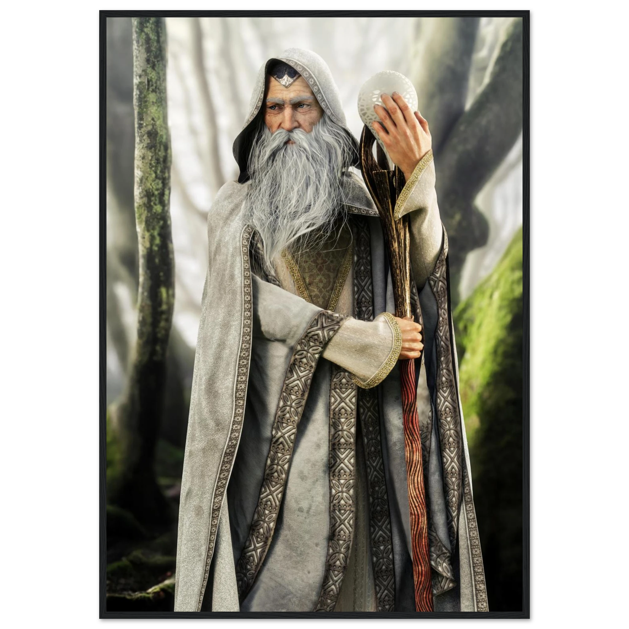 A framed art print depicting a fantasy wizard with a long white beard, wearing a gray hooded cloak and holding a staff, set against a misty forest background.