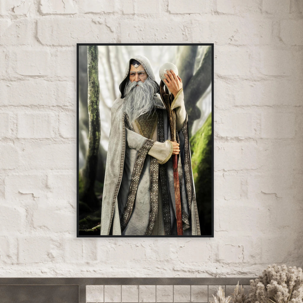 A framed vertical art print depicting a fantasy wizard with a long white beard and staff, hanging on a white brick wall above a mantel.