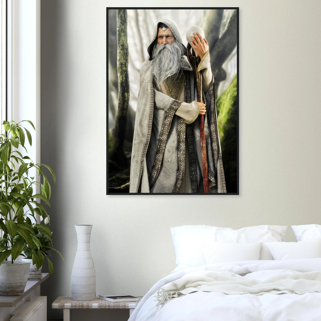 A framed vertical art print of a fantasy wizard with a long white beard and staff, displayed on a light gray bedroom wall above a bed with white bedding and next to a potted plant.