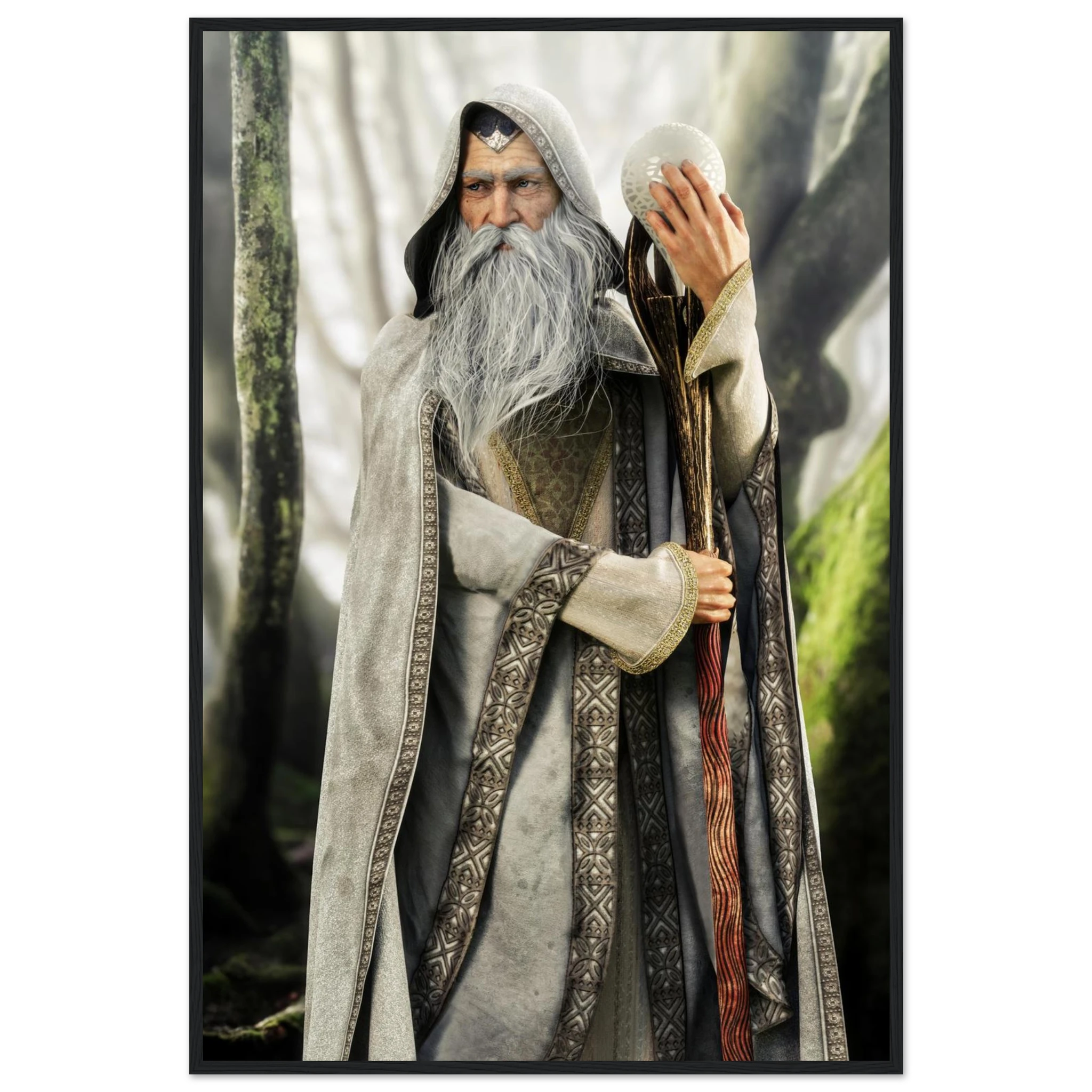 A framed vertical art print depicting an elderly wizard with a long white beard and hooded robe, holding a staff and a white orb, set against a misty forest background.