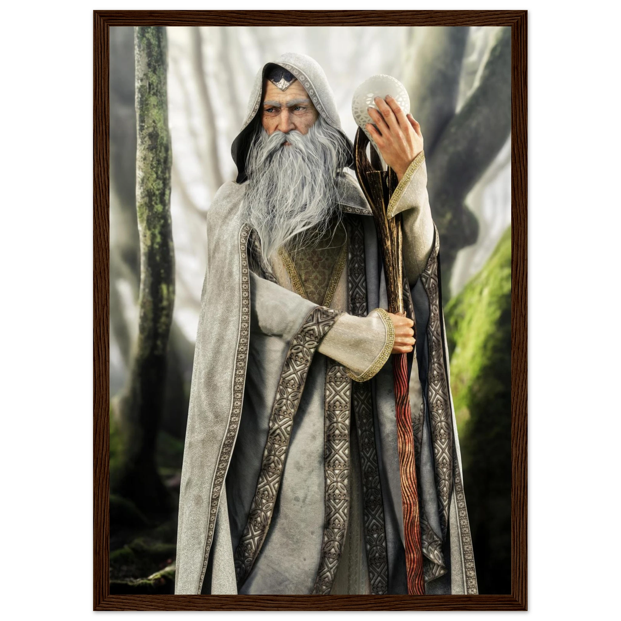 A framed fantasy art print depicting an elderly wizard with a long white beard, holding a staff and a glowing orb, set against a forest background, enclosed in a dark brown wooden frame.