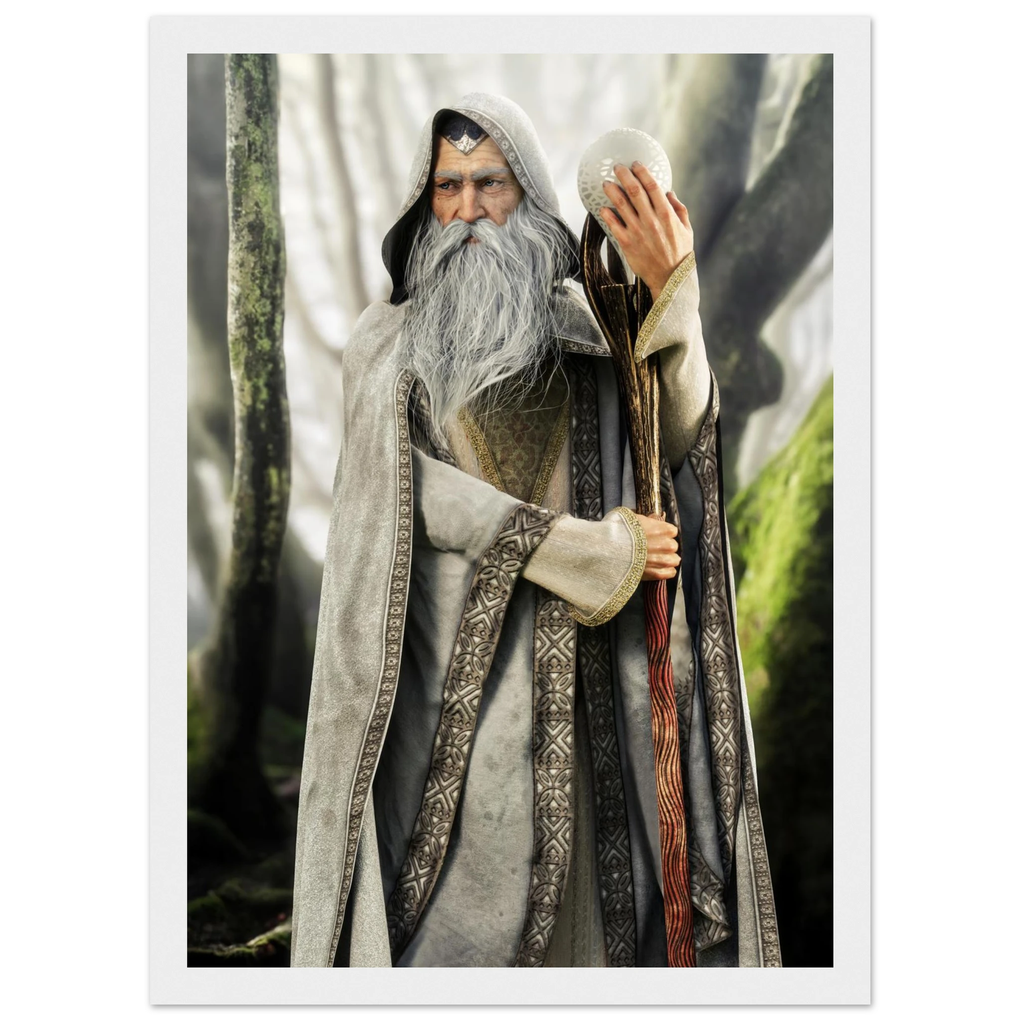A framed art print depicting an elderly wizard with a long white beard and hood, holding a staff and a white orb, standing in a misty forest.