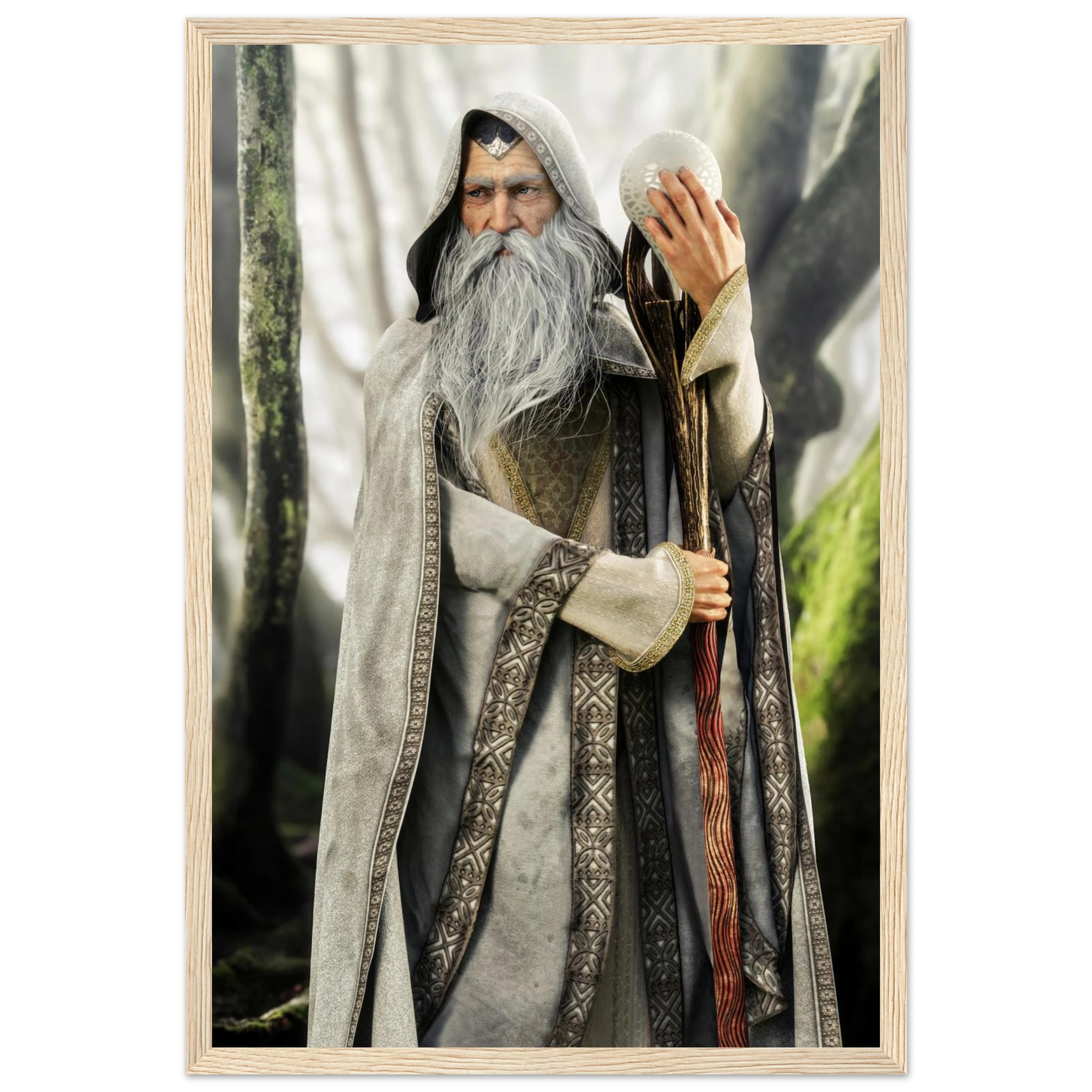 A framed art print depicting an elderly wizard with a long white beard, wearing a gray hooded robe and holding a staff, set against a misty forest background. The print is enclosed in a light natural wood frame and shown on a clean white background.