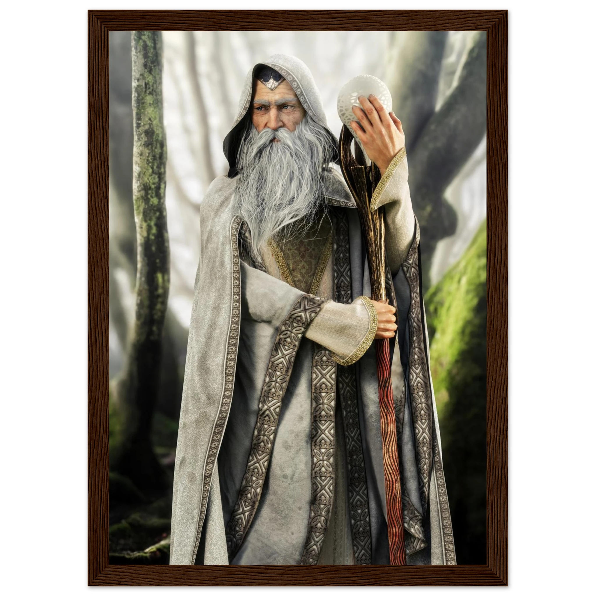 A framed fantasy art print depicting an elderly wizard with a long white beard, wearing a gray and brown patterned robe, holding a staff and a glowing orb, set against a forest background. The print is enclosed in a dark brown wood frame.